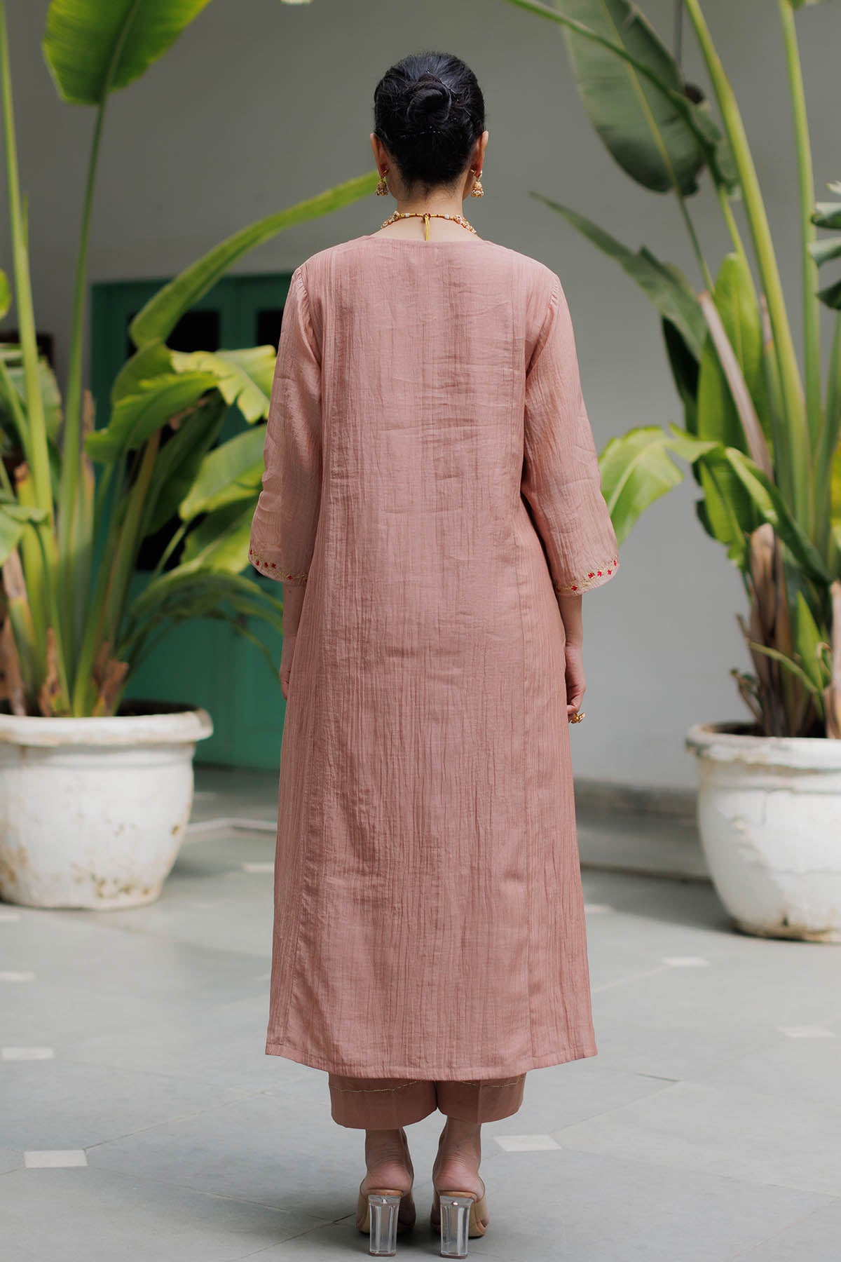 Pink Zari Detail Yoke Kurta Set