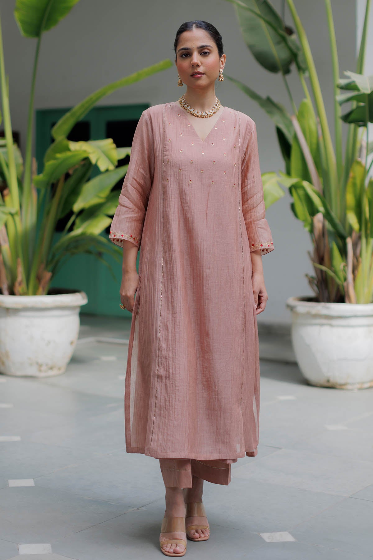 Pink Zari Detail Yoke Kurta Set