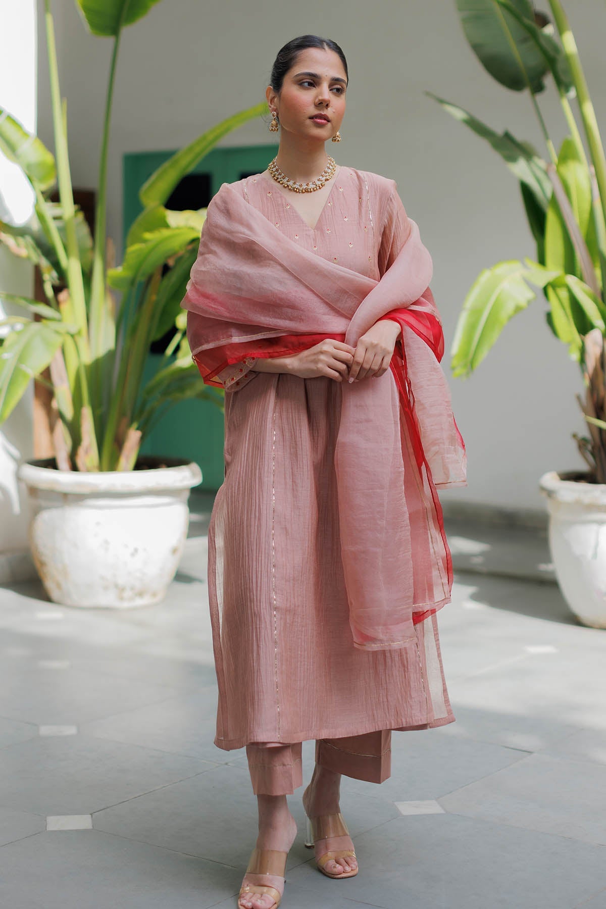 Buy Pink Zari Detail Yoke Kurta Set by Silpaa for women online at ScrollnShops