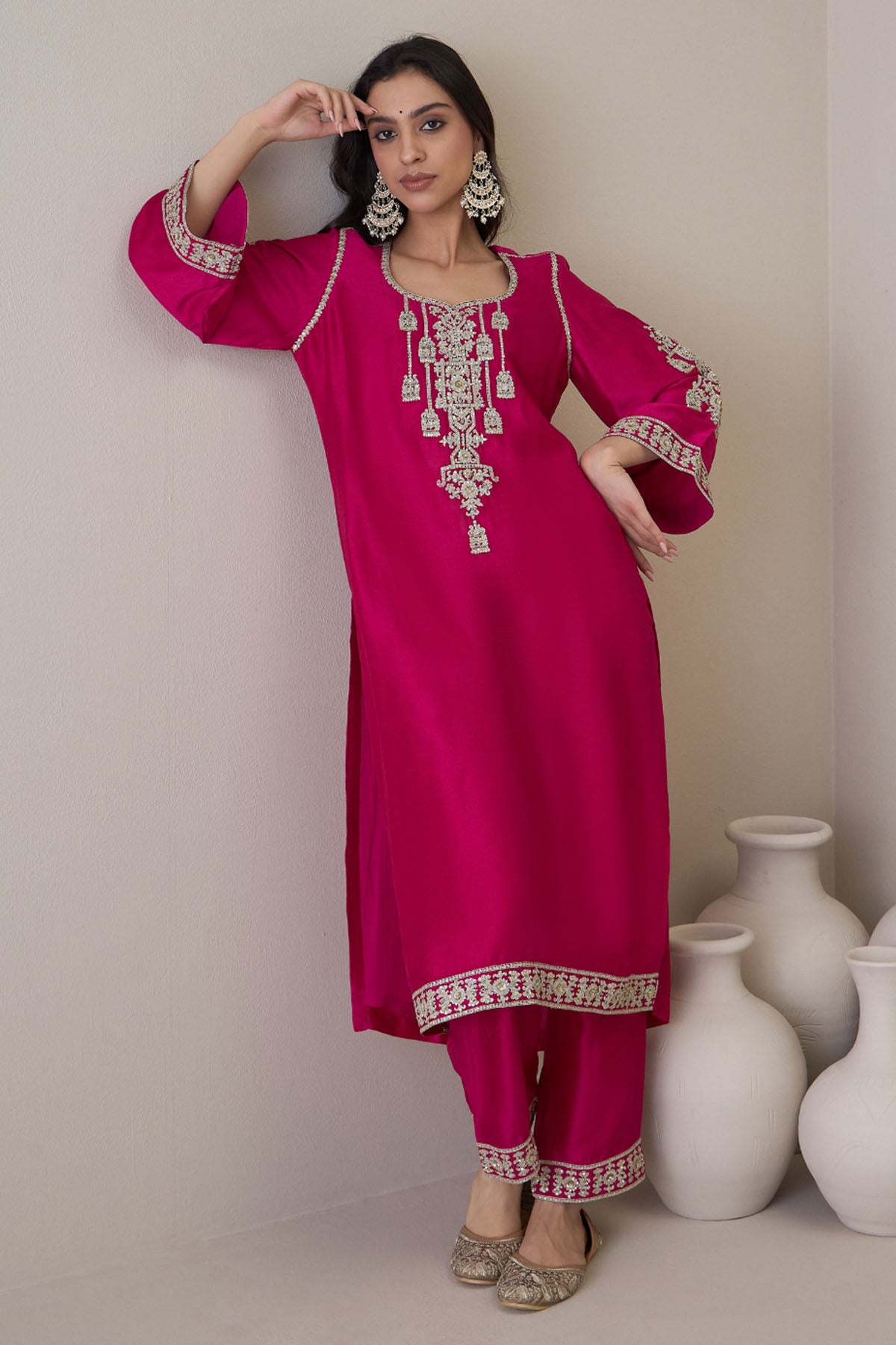 Pink Zari Embroidered Kurta Set