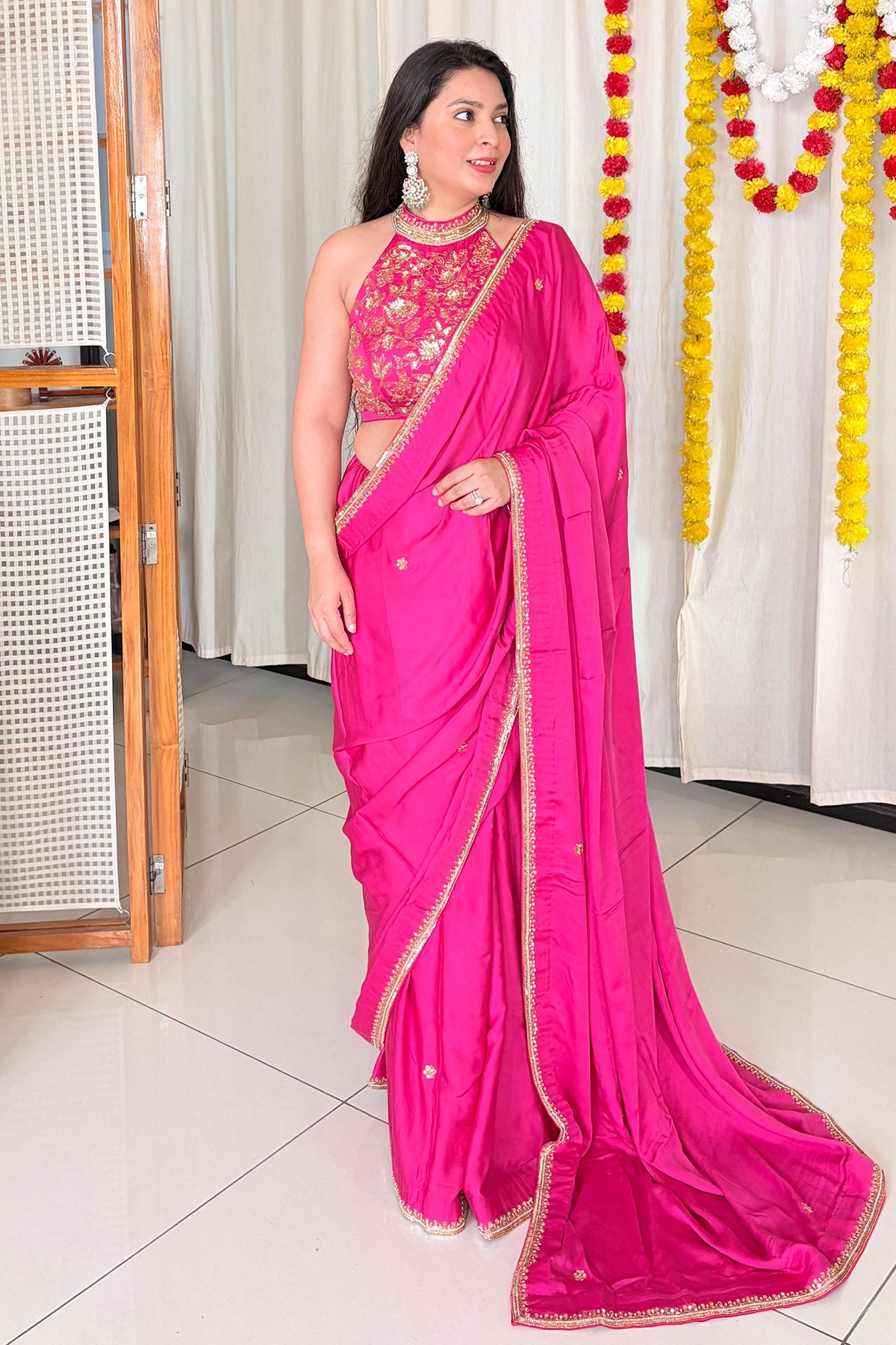 Pink Zari Embroidery Saree Set
