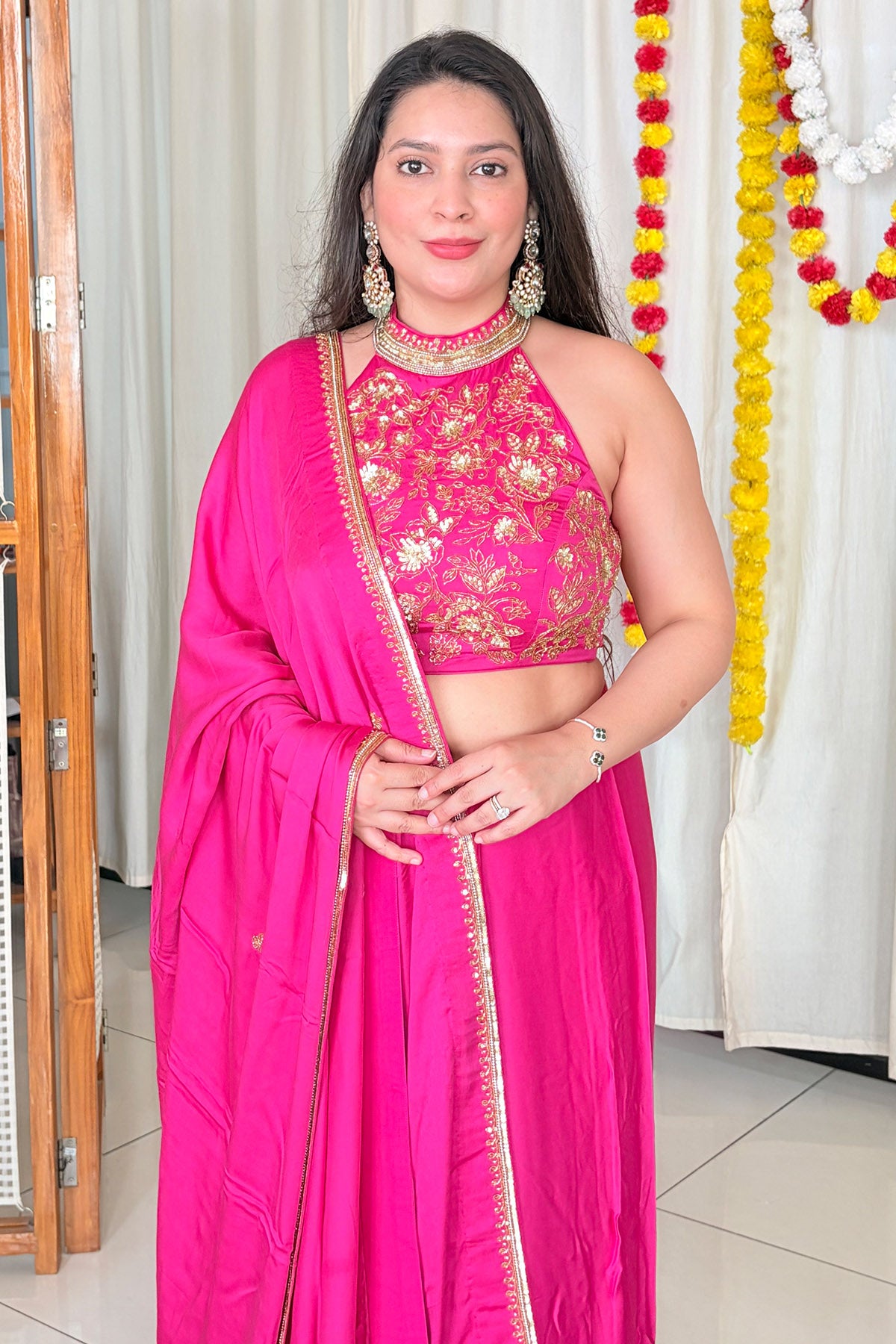 Pink Zari Embroidery Saree Set