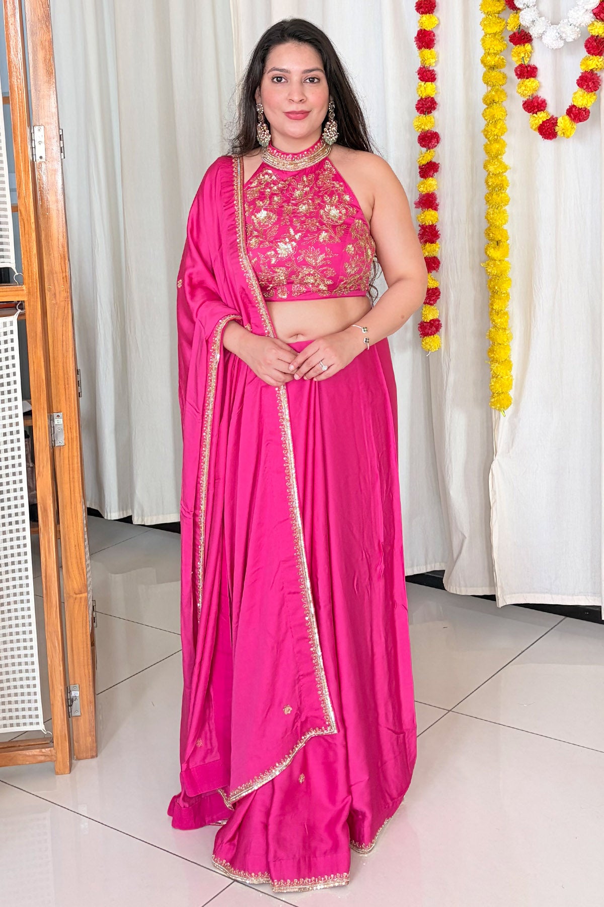 Pink Zari Embroidery Saree Set