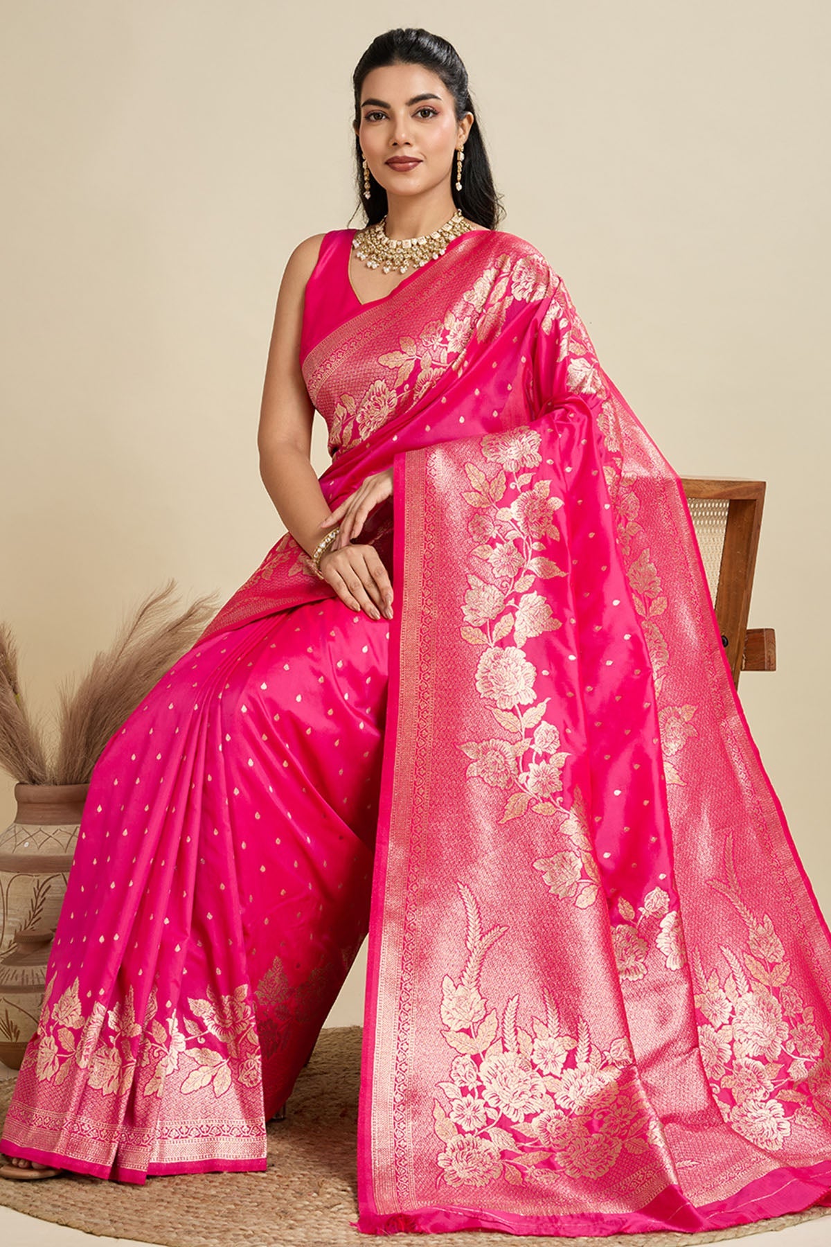 Buy Pink Zari Floral Saree & Blouse for Women Online available at ScrollnShops