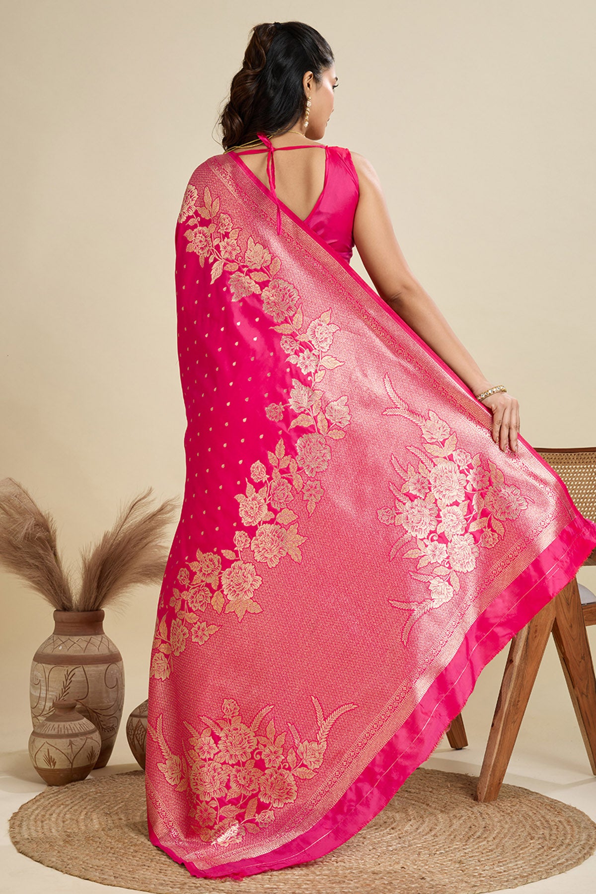 Pink Zari Floral Saree & Blouse