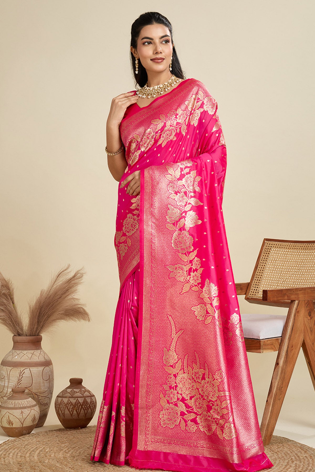 Pink Zari Floral Saree & Blouse