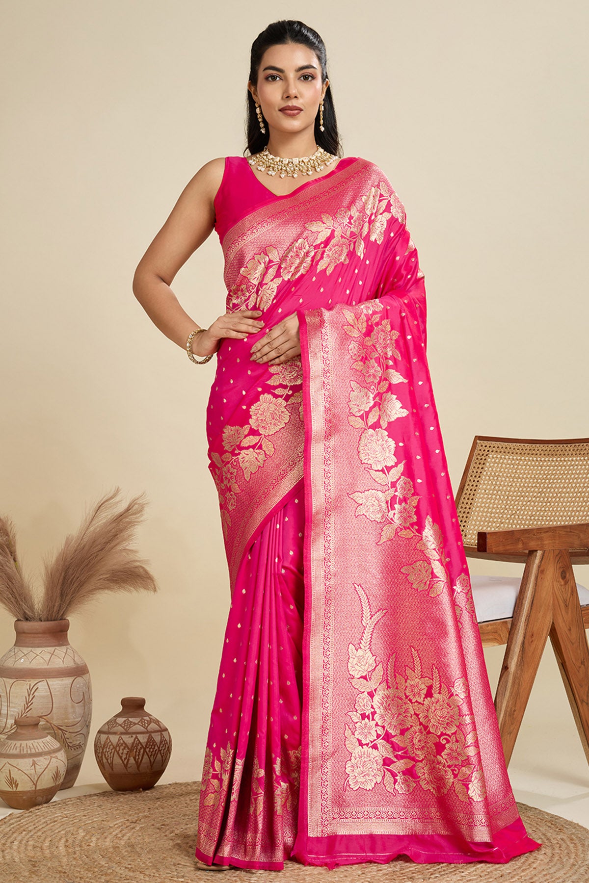 Pink Zari Floral Saree & Blouse