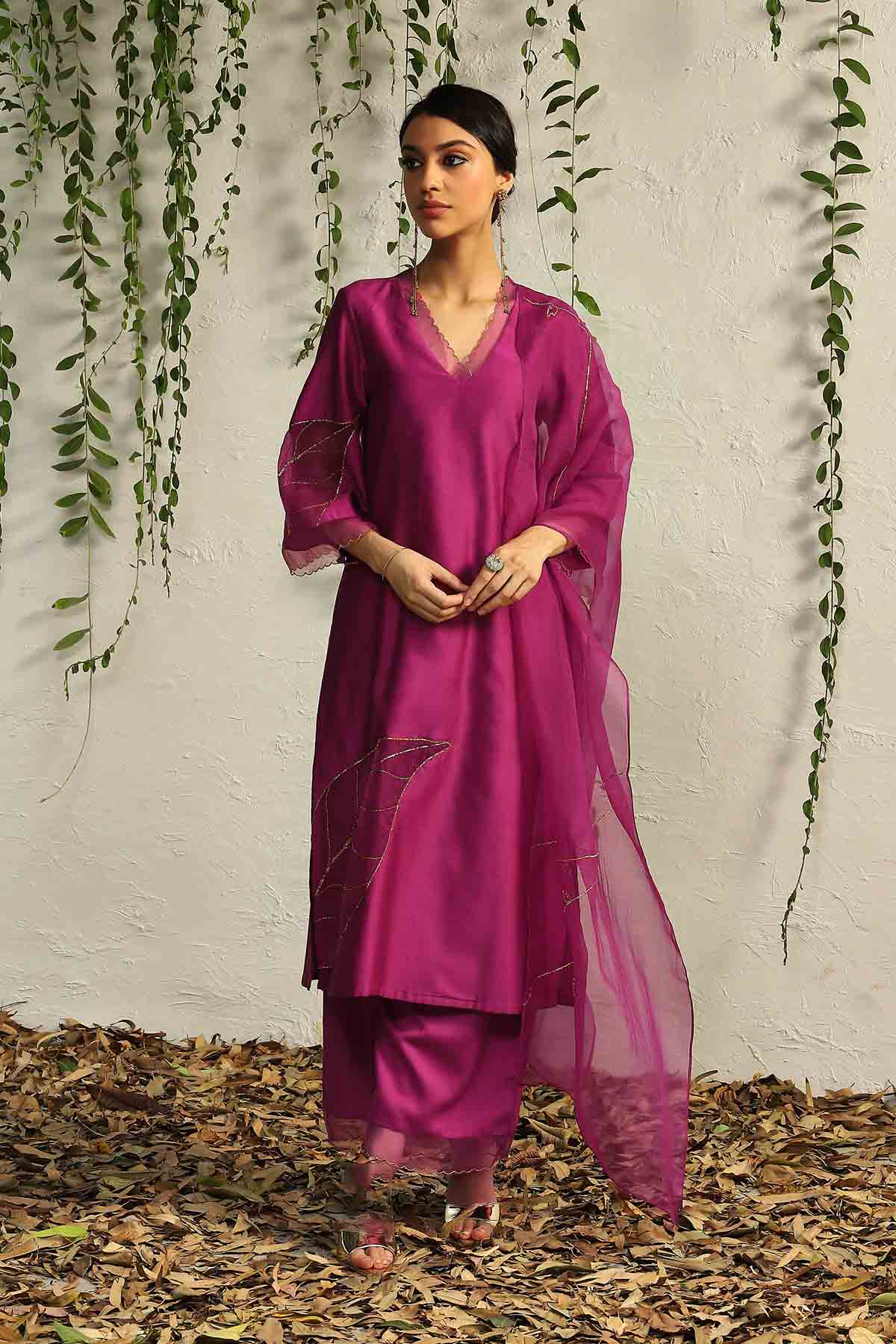 Buy Pink Zari Straight Kurta Set Online
