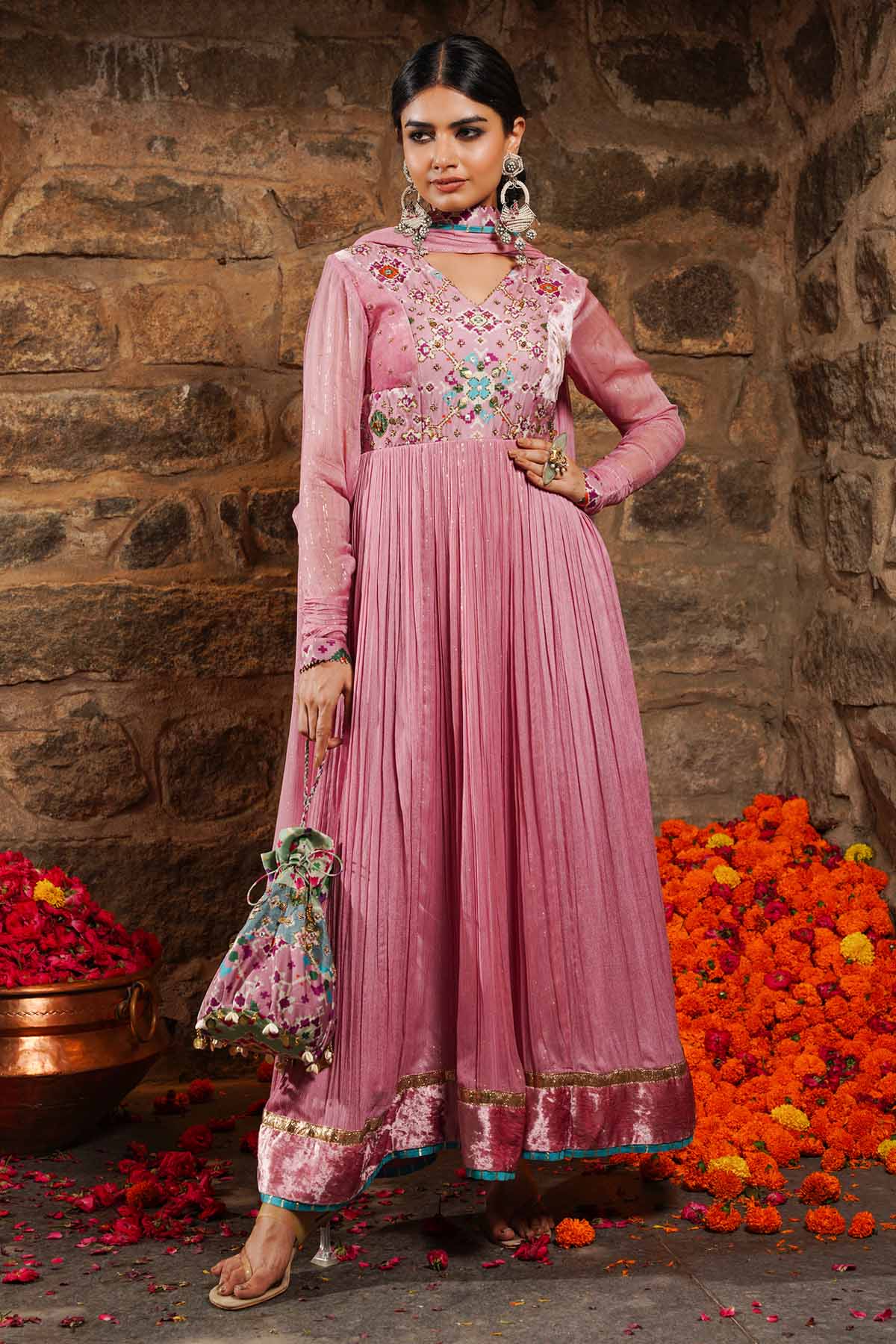 Seharre Pink Zari Stripes Anarkali Set for women online at ScrollnShops