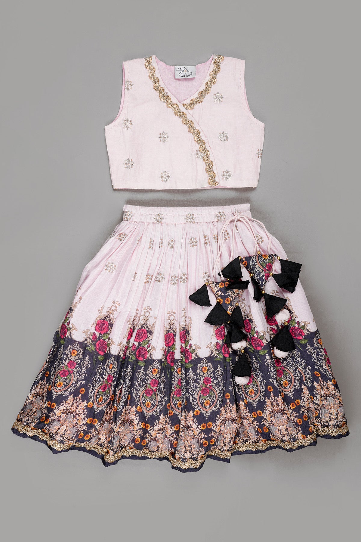 Buy Pink Zari Work Print Lehenga Set by Little Brats for Girls online at ScrollnShops