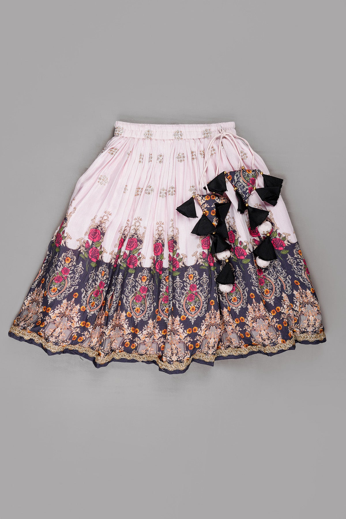 Pink Zari Work Print Lehenga Set