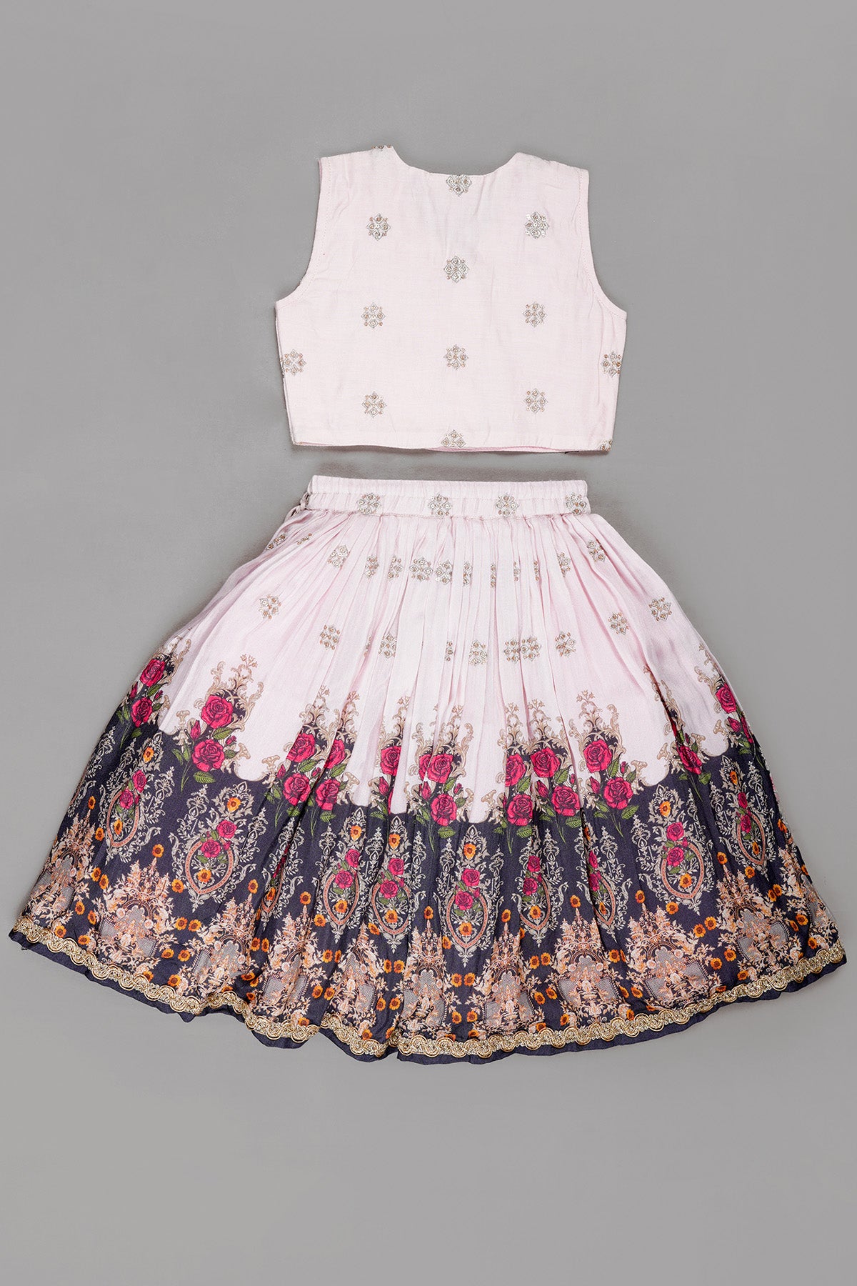 Pink Zari Work Print Lehenga Set