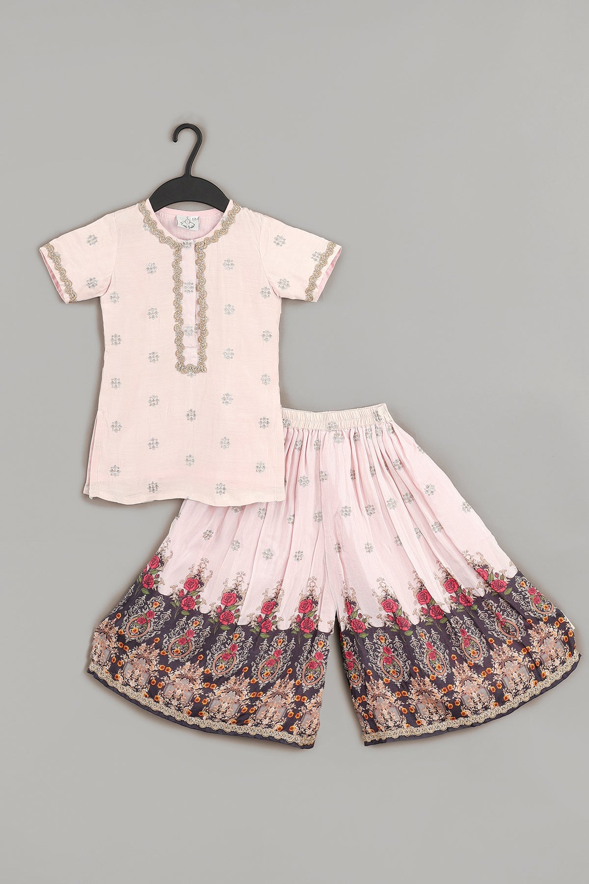 Buy Pink Zari Work Print Sharara Set by Little Brats for Girls online at ScrollnShops