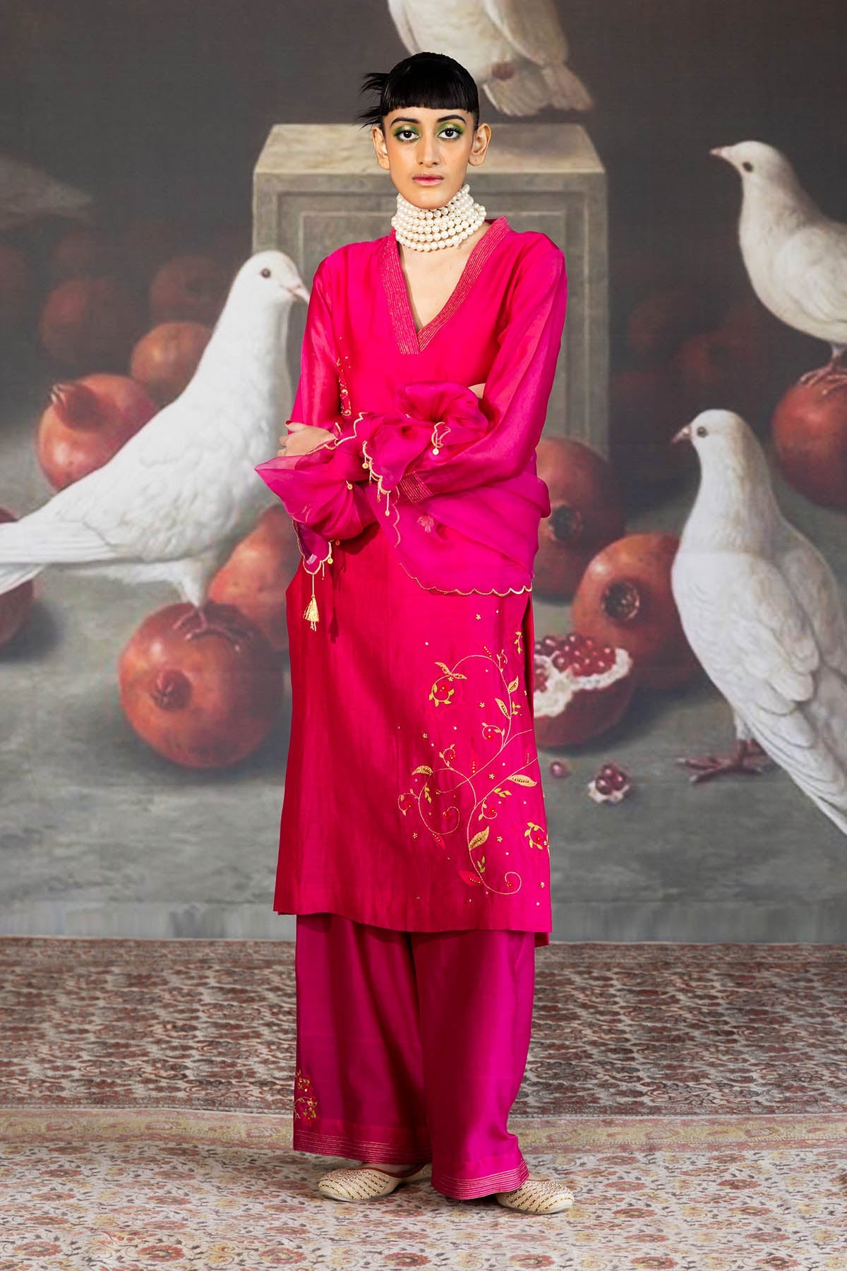 Buy Pink Zari Work V-Neck Kurta by Journal by Pranay for women online at ScrollnShops