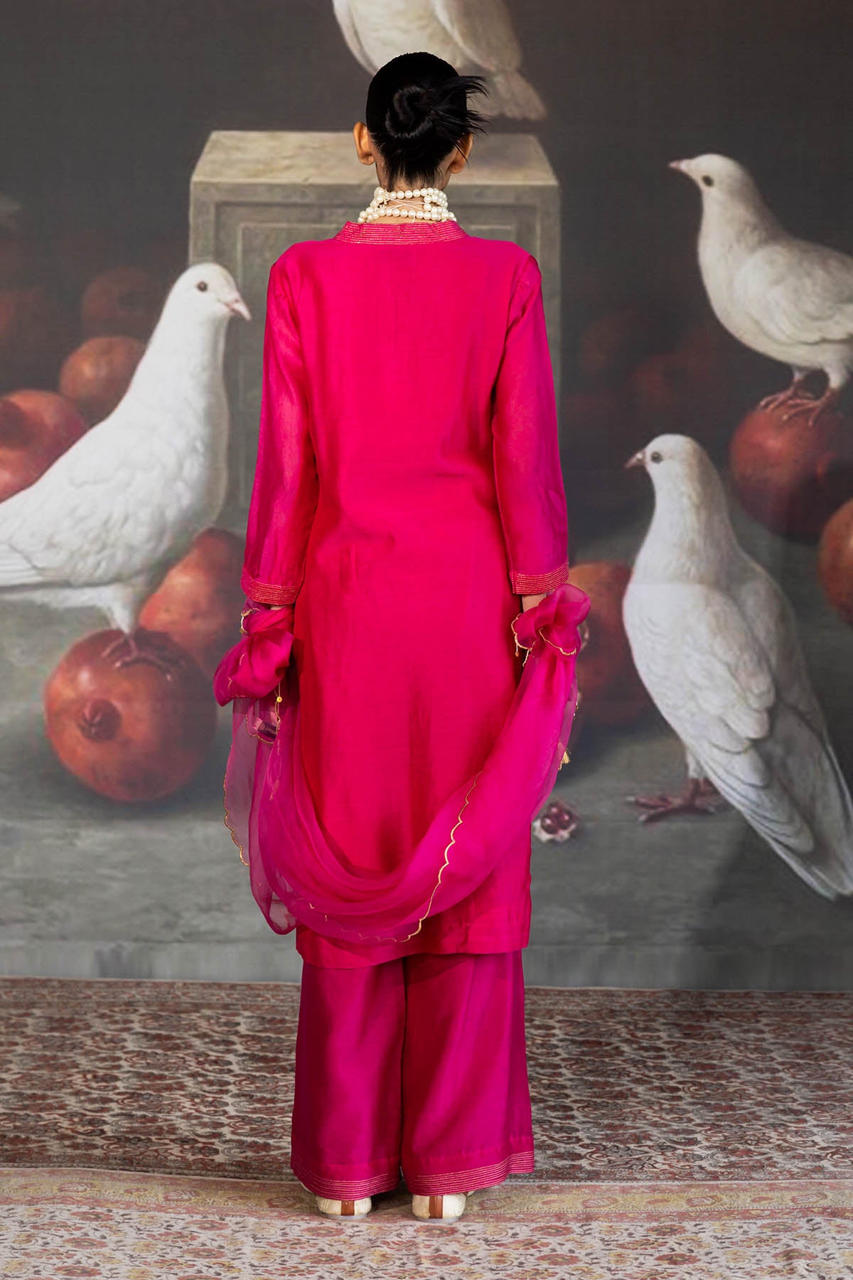 Pink Zari Work V-Neck Kurta