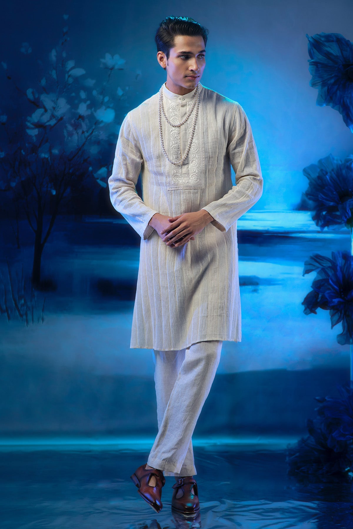 Buy Pintuck Ivory Kurta & Pants by Mandira Wirk for men online at ScrollnShops