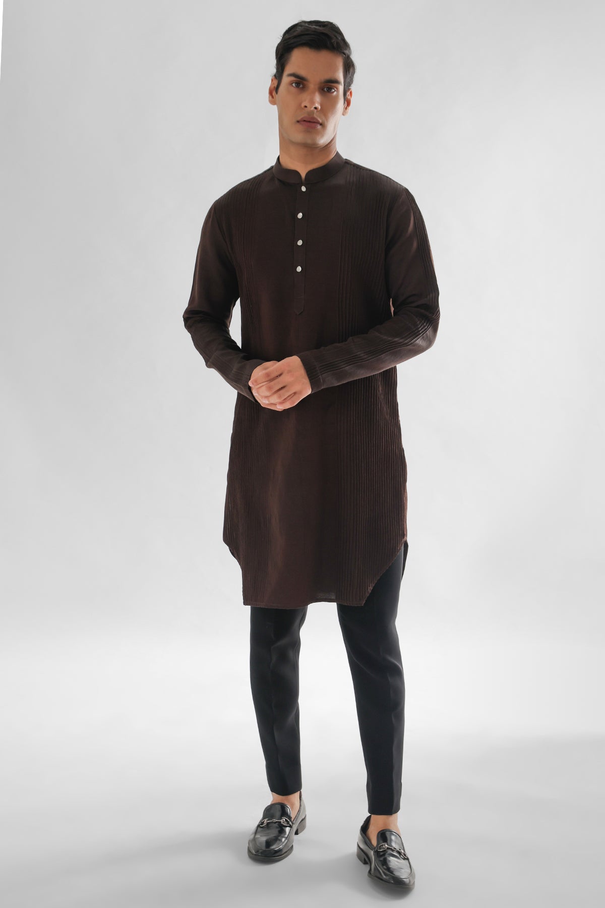 Pintucks Linen Brown Kurta Set