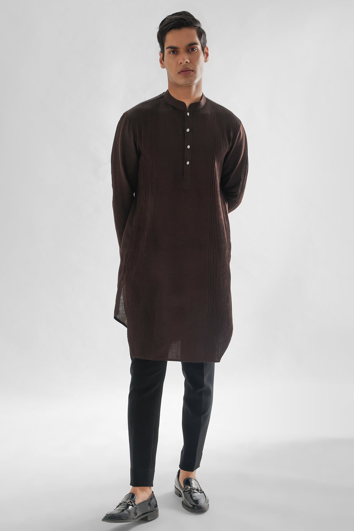 Buy Pintucks Linen Brown Kurta Set for men by Paarsh Atelier online available at scrollnshops