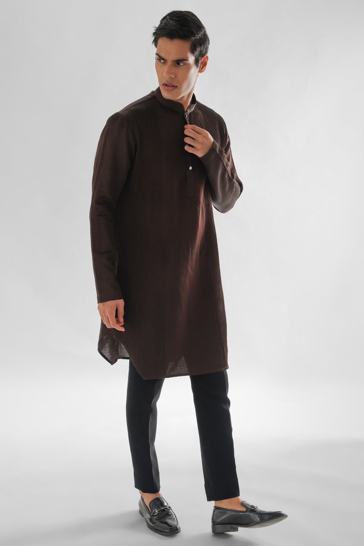 Pintucks Linen Brown Kurta Set