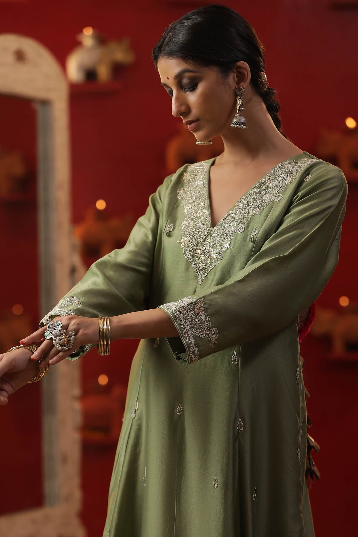 Pista Green Dori Work Kurta Set