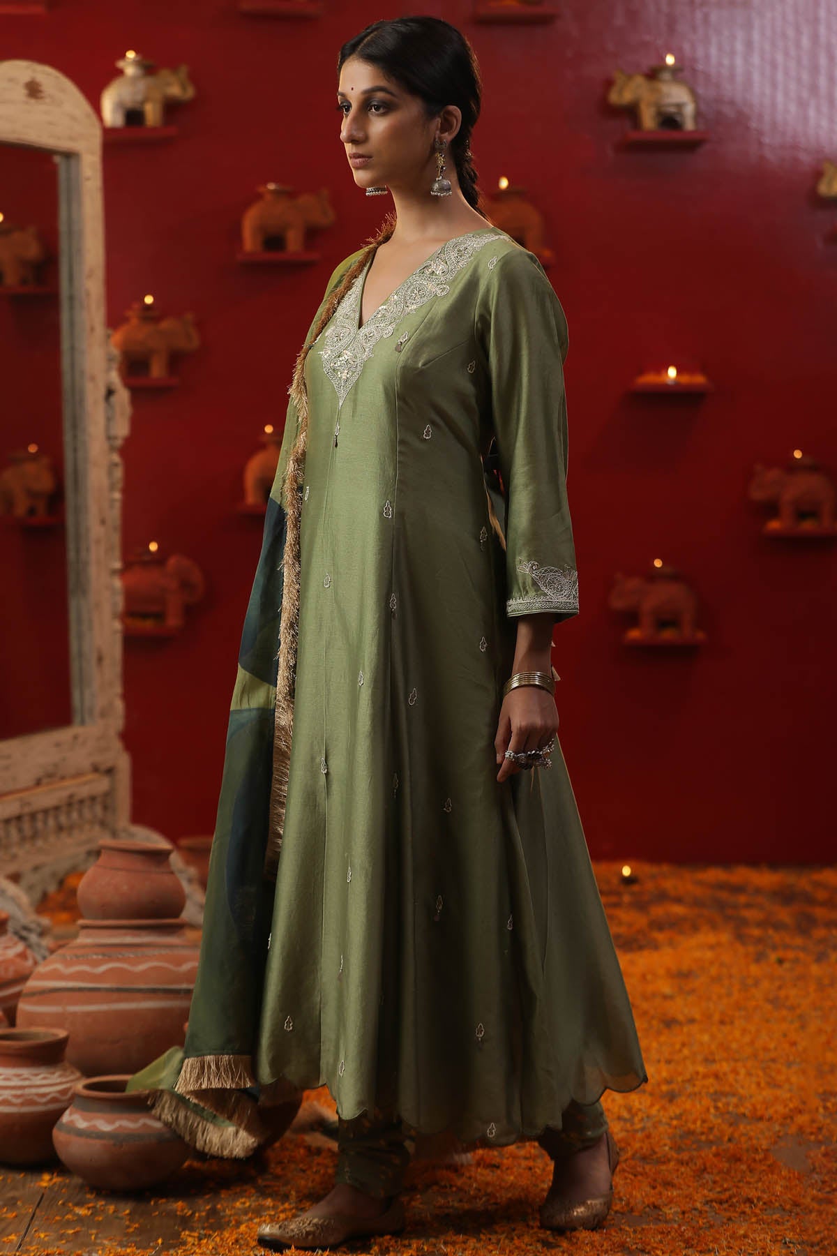 Pista Green Dori Work Kurta Set