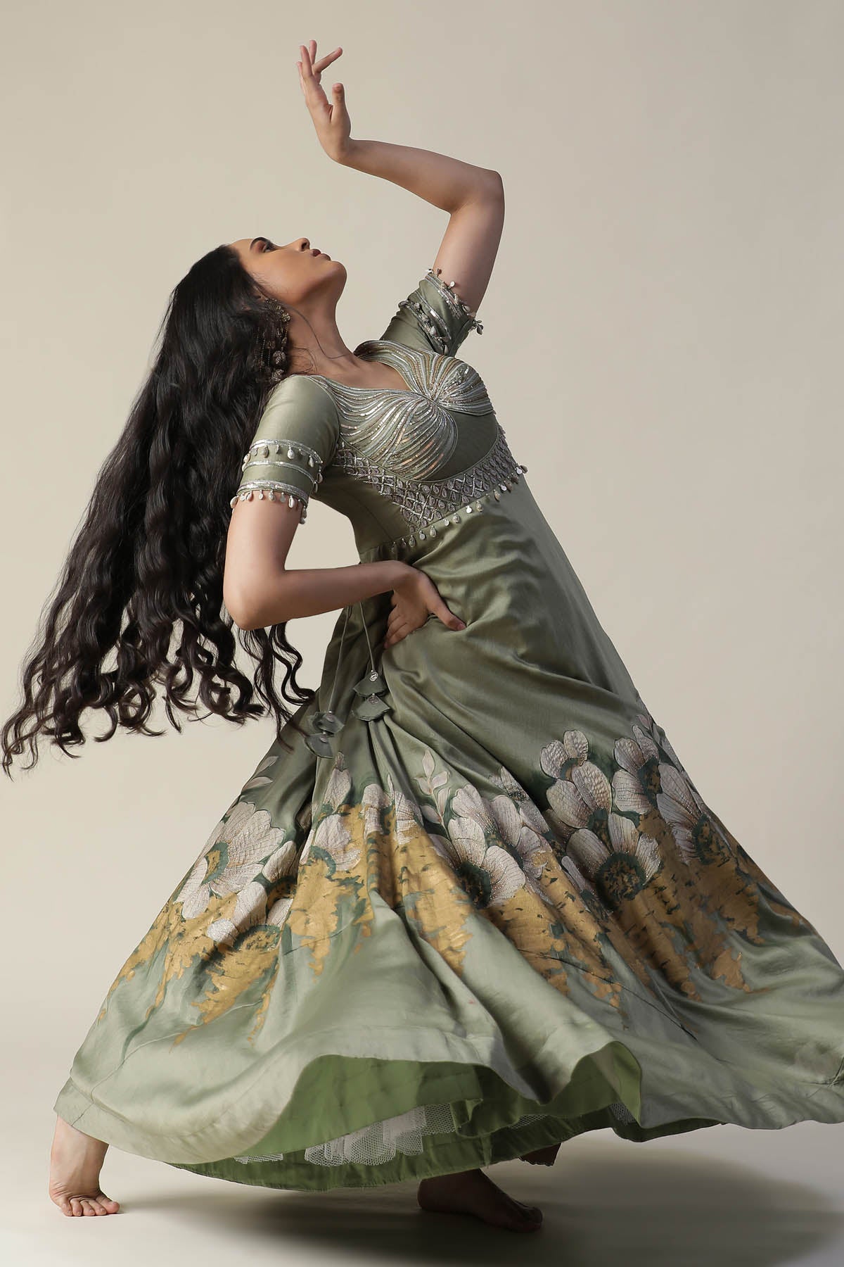 Pista Green Floral Painted Gown