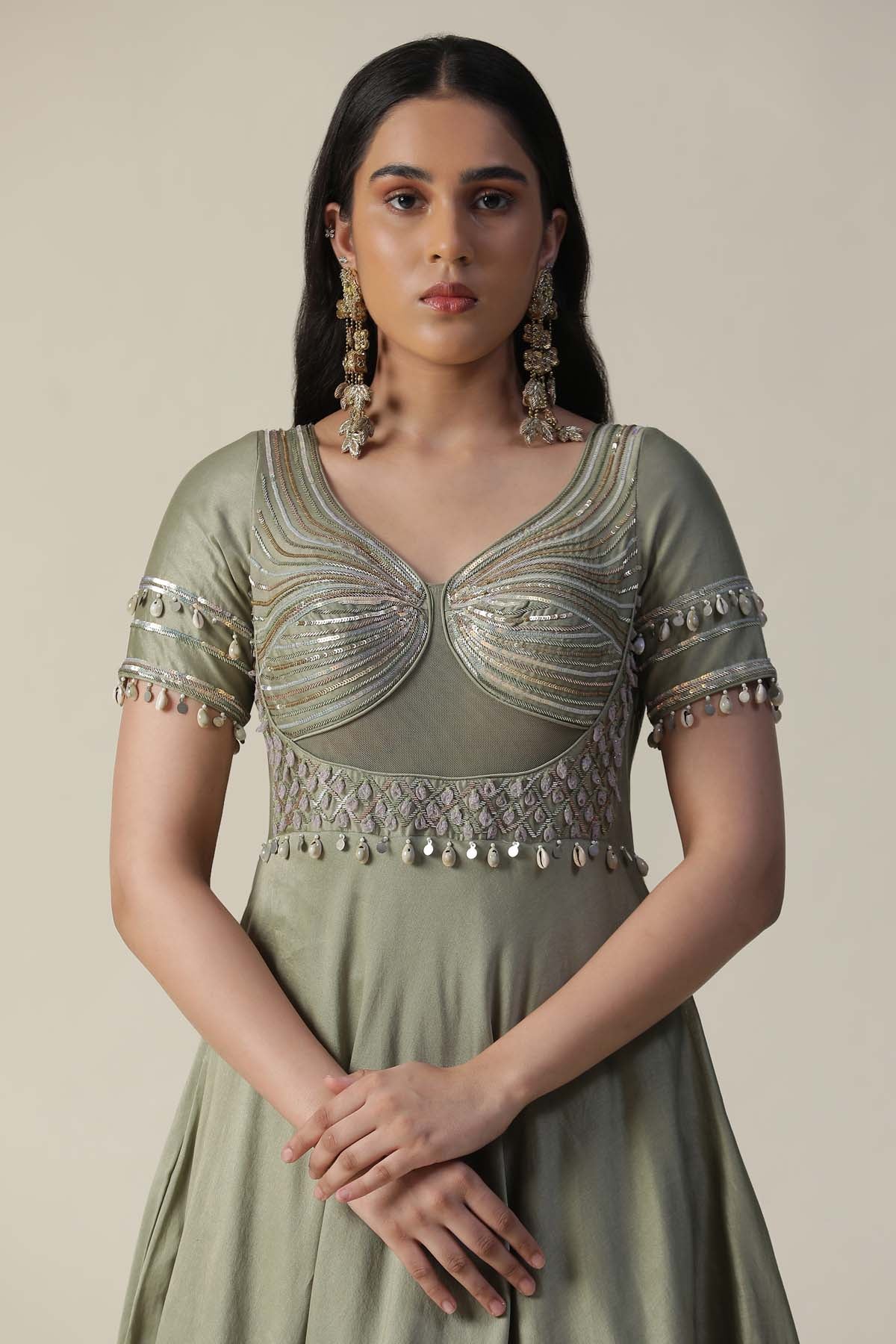 Pista Green Floral Painted Gown