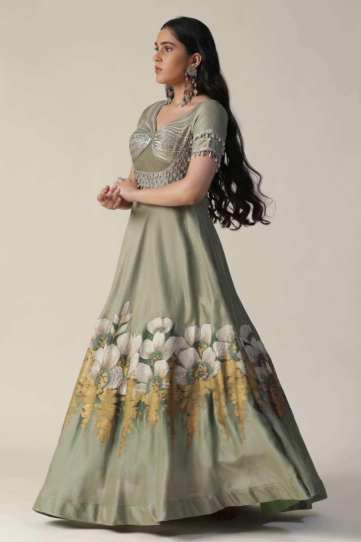 Pista Green Floral Painted Gown
