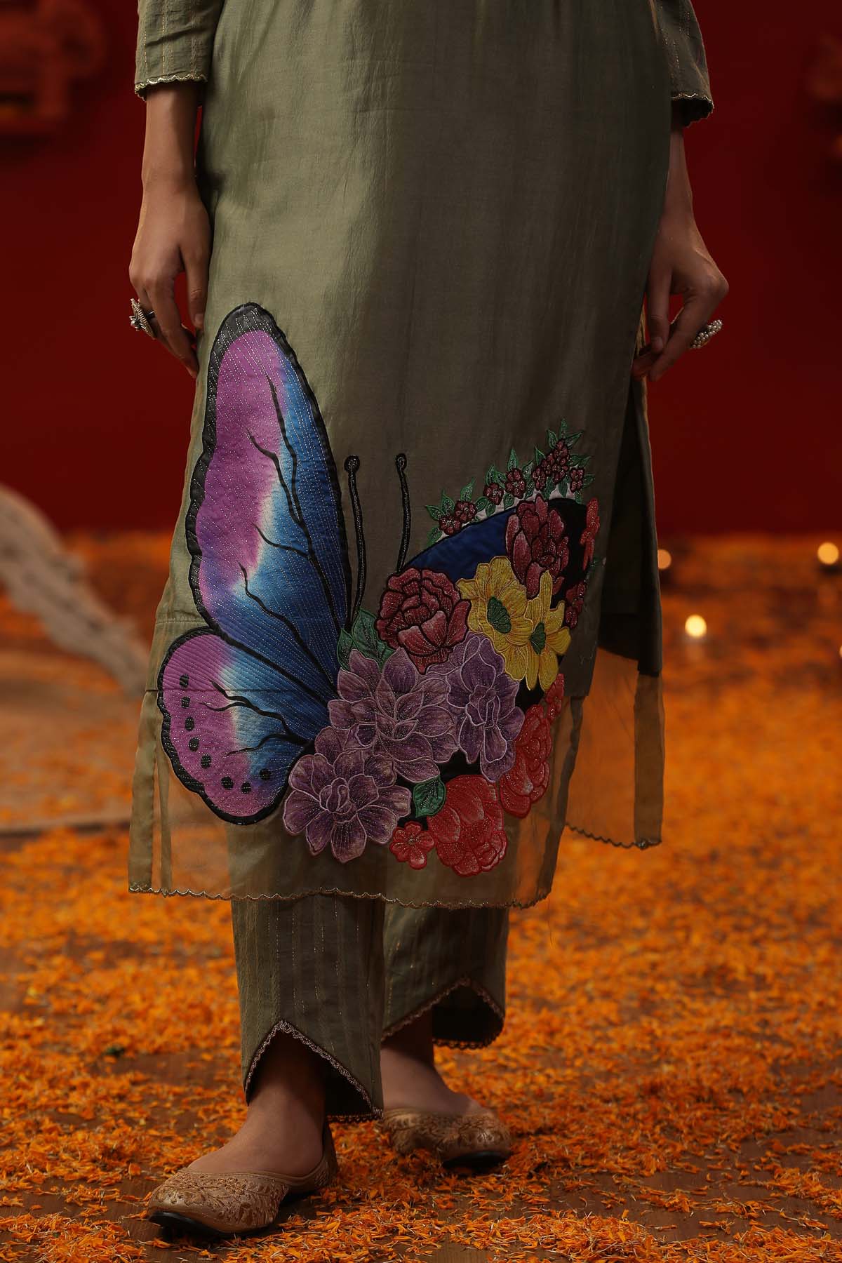 Green Hand Painted Kurta Set