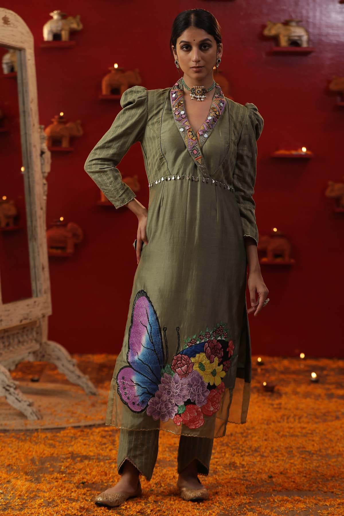 Green Hand Painted Kurta Set