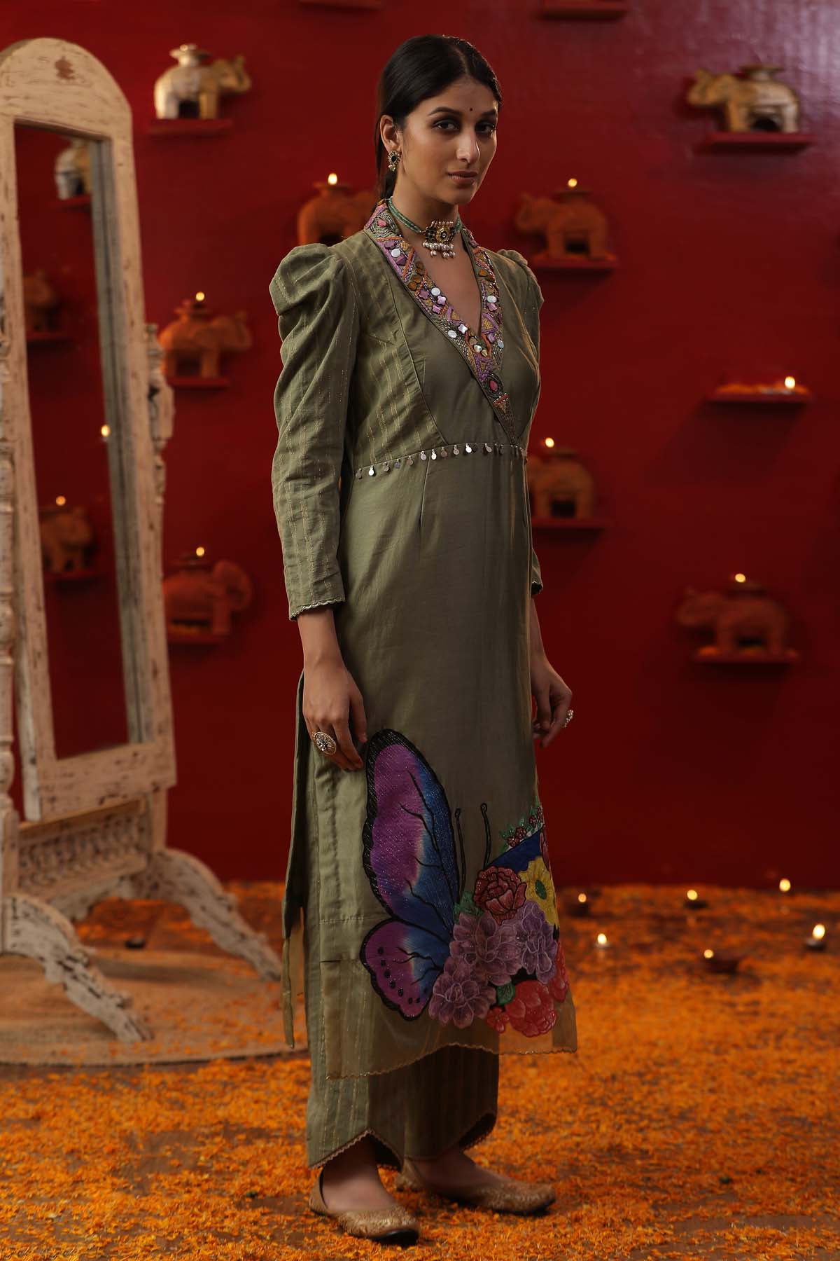 Green Hand Painted Kurta Set