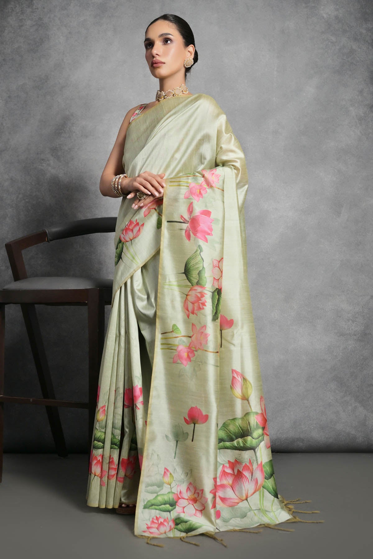 Pista Lotus Print Silk Saree
