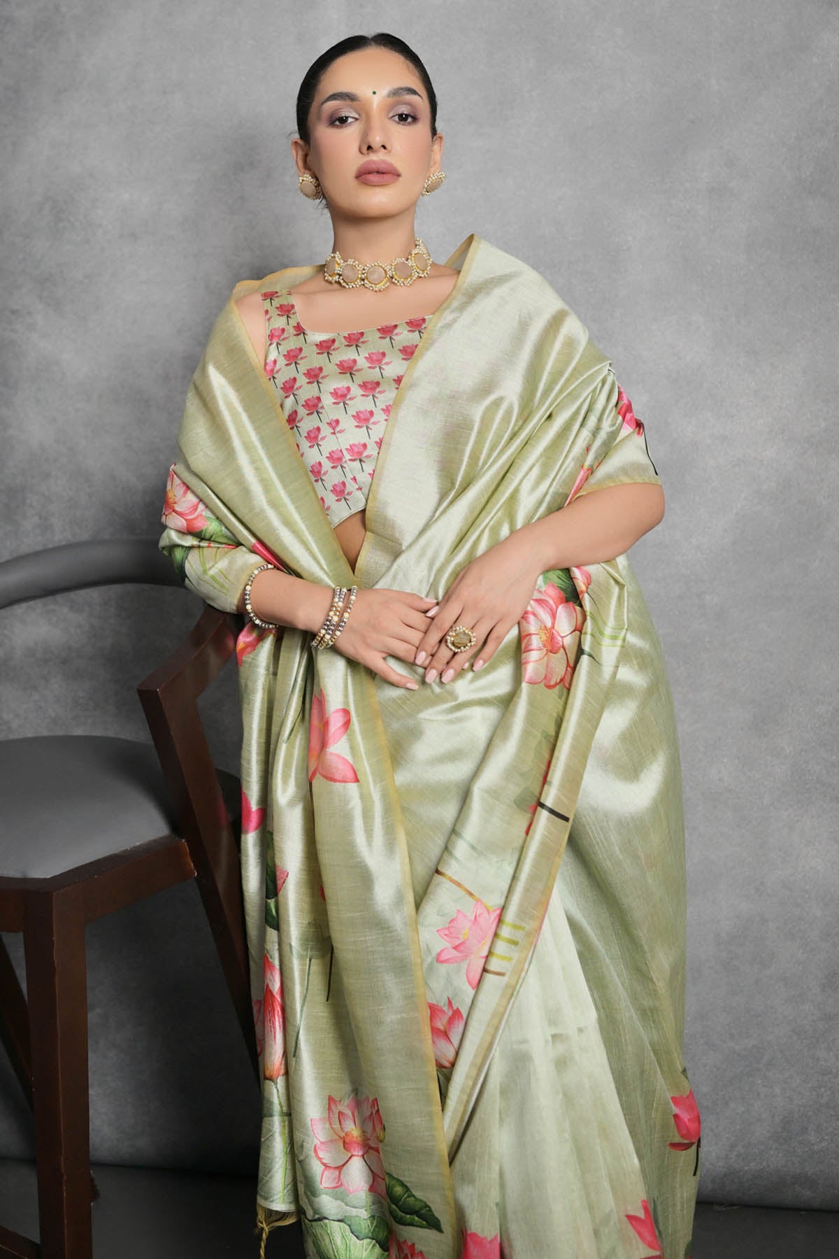 Pista Lotus Print Silk Saree