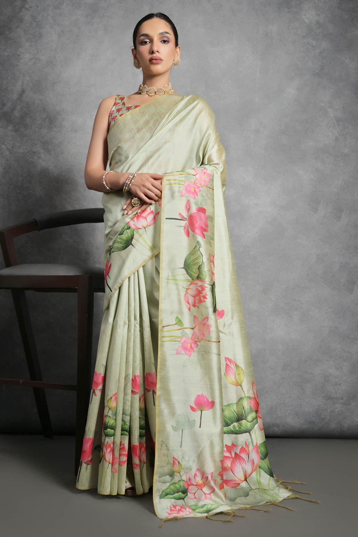 Pista Lotus Print Silk Saree