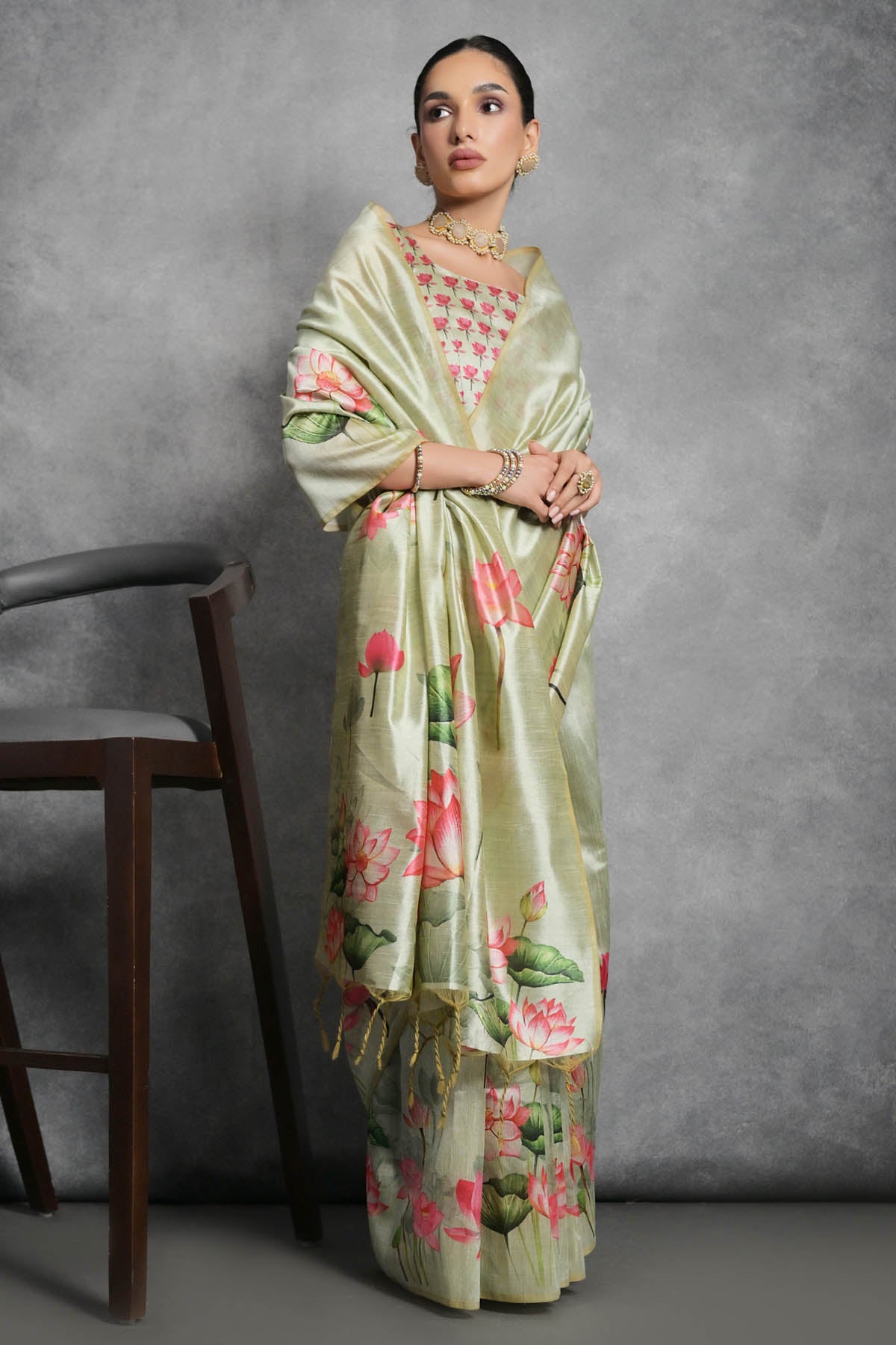 Pista Lotus Print Silk Saree