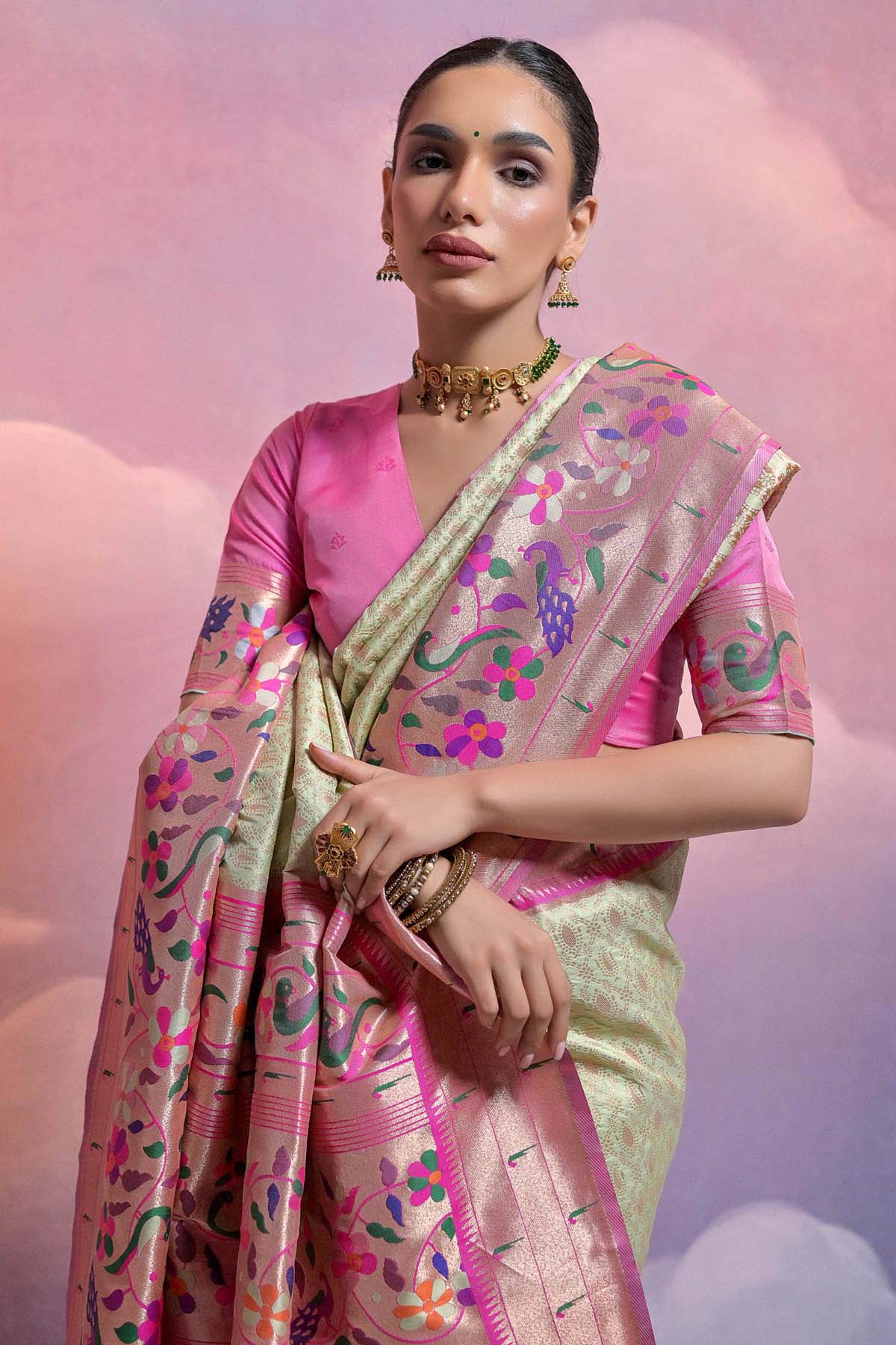 Pista Meenakari Zari Saree