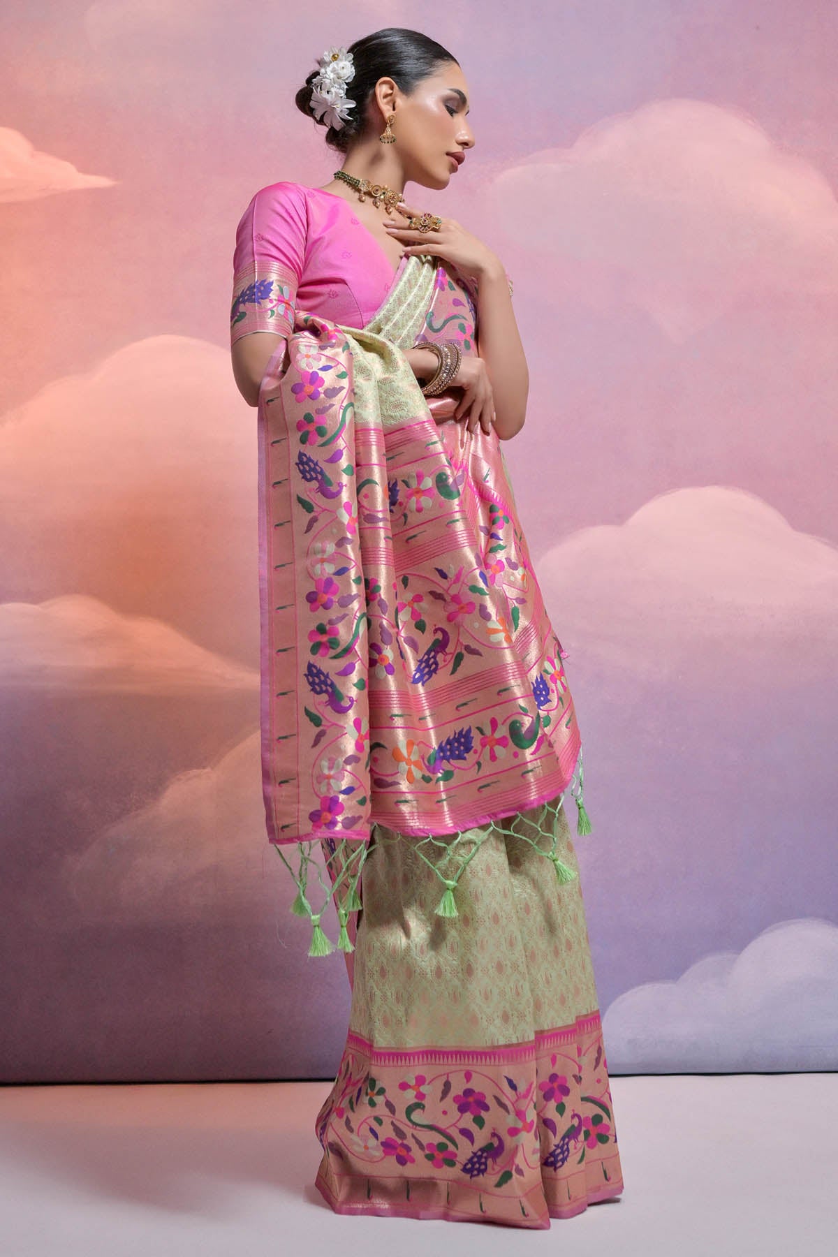 Pista Meenakari Zari Saree