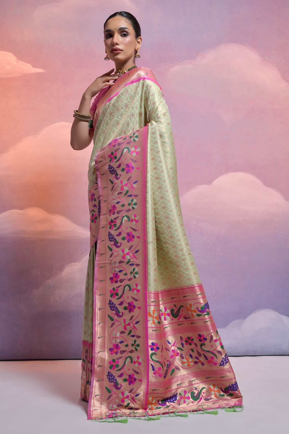 Pista Meenakari Zari Saree