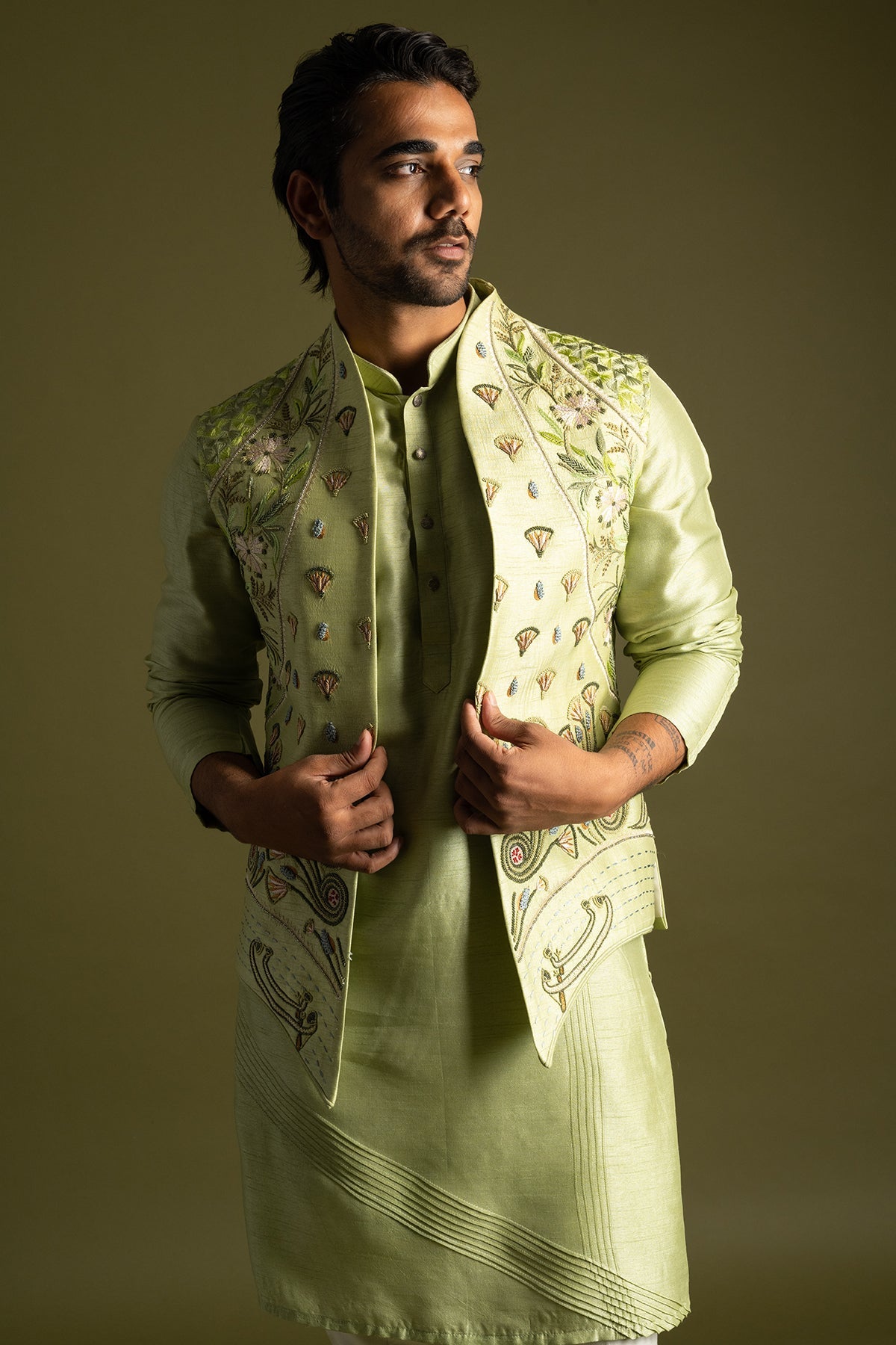 Buy Pista Bamberg Silk Bundi Jacket for men by Paarsh Atelier online available at scrollnshops