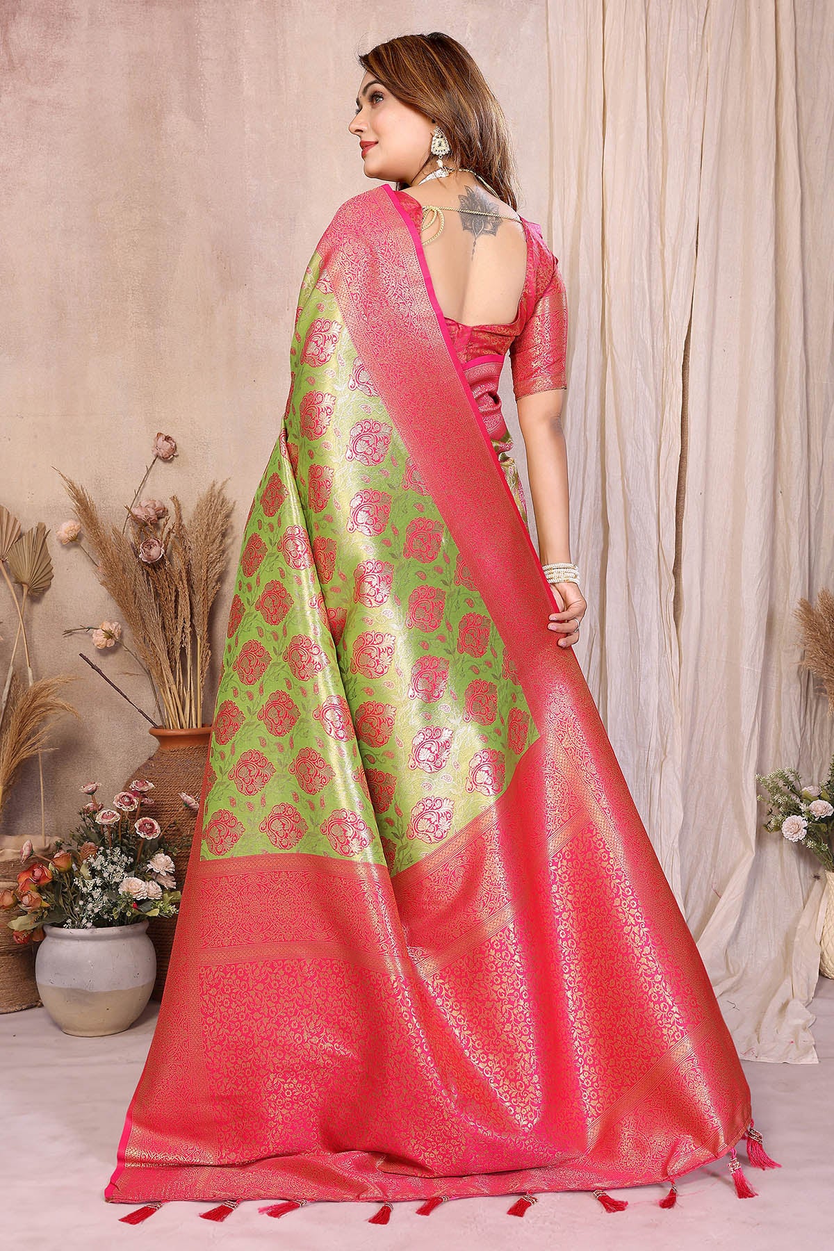 Pista Banarasi Weaving Saree