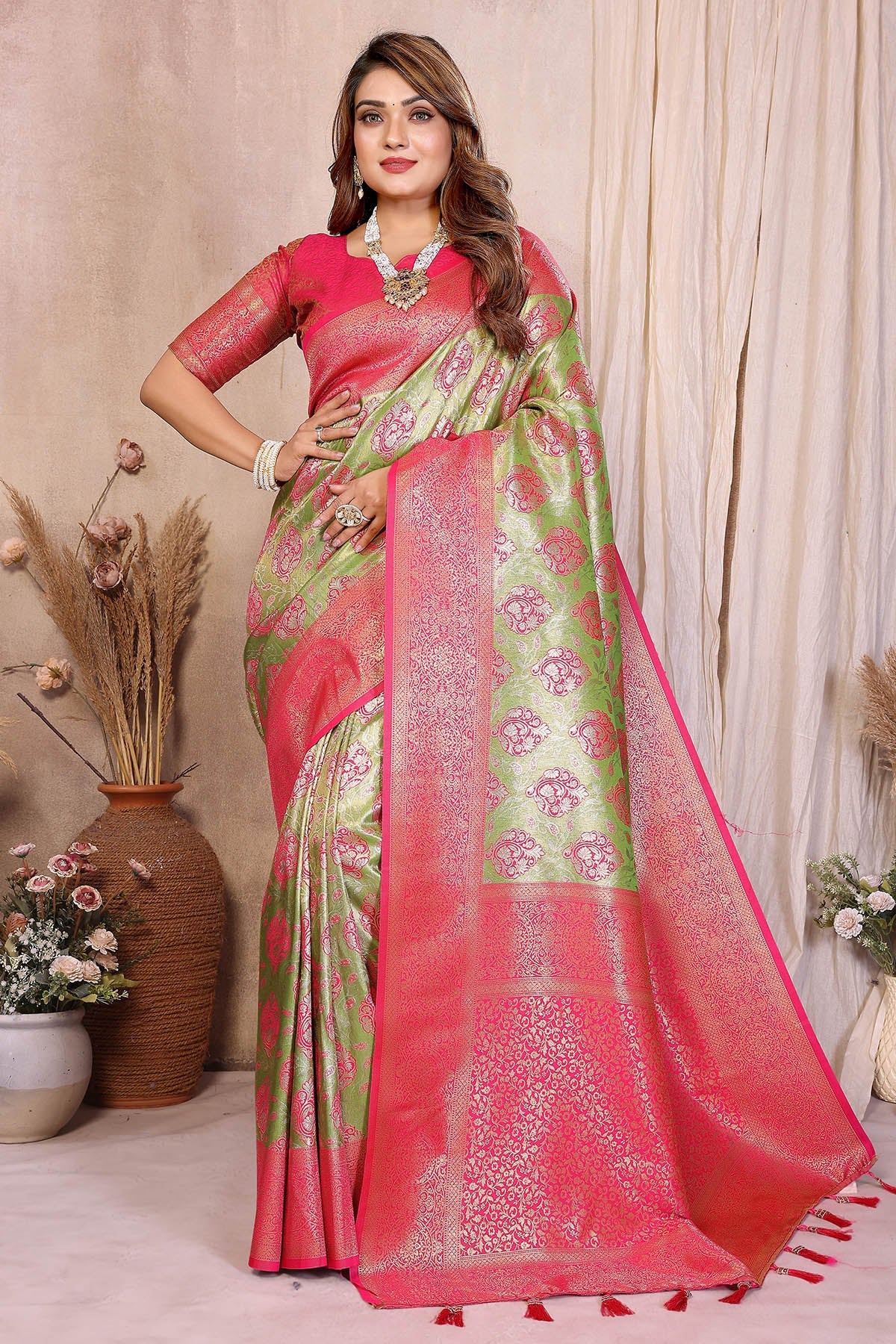 Buy Pista Banarasi Weaving Saree for women by Aastha Fashion online available at scrollnshops