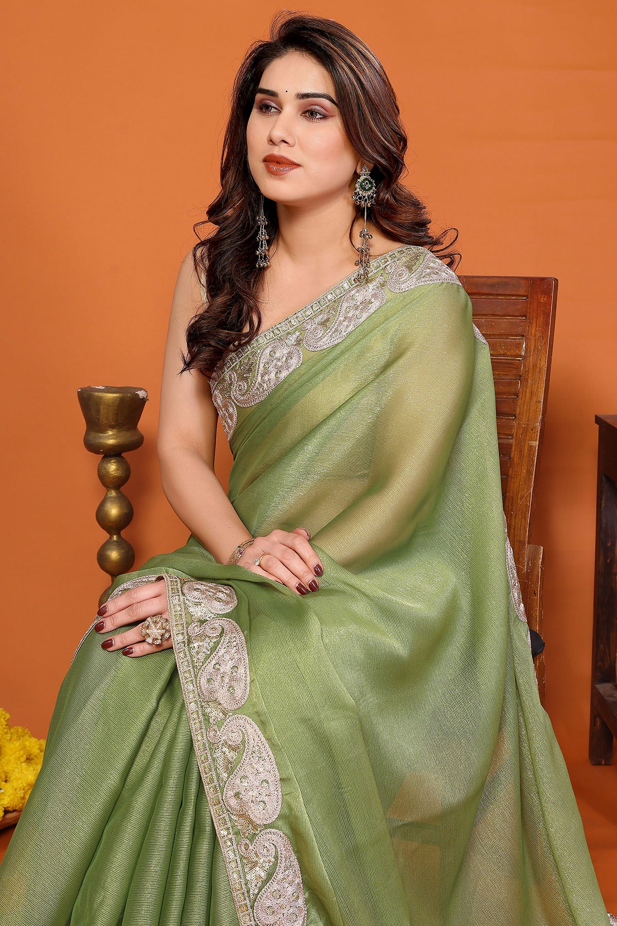 Pista Chiffon Sitara Gota Saree