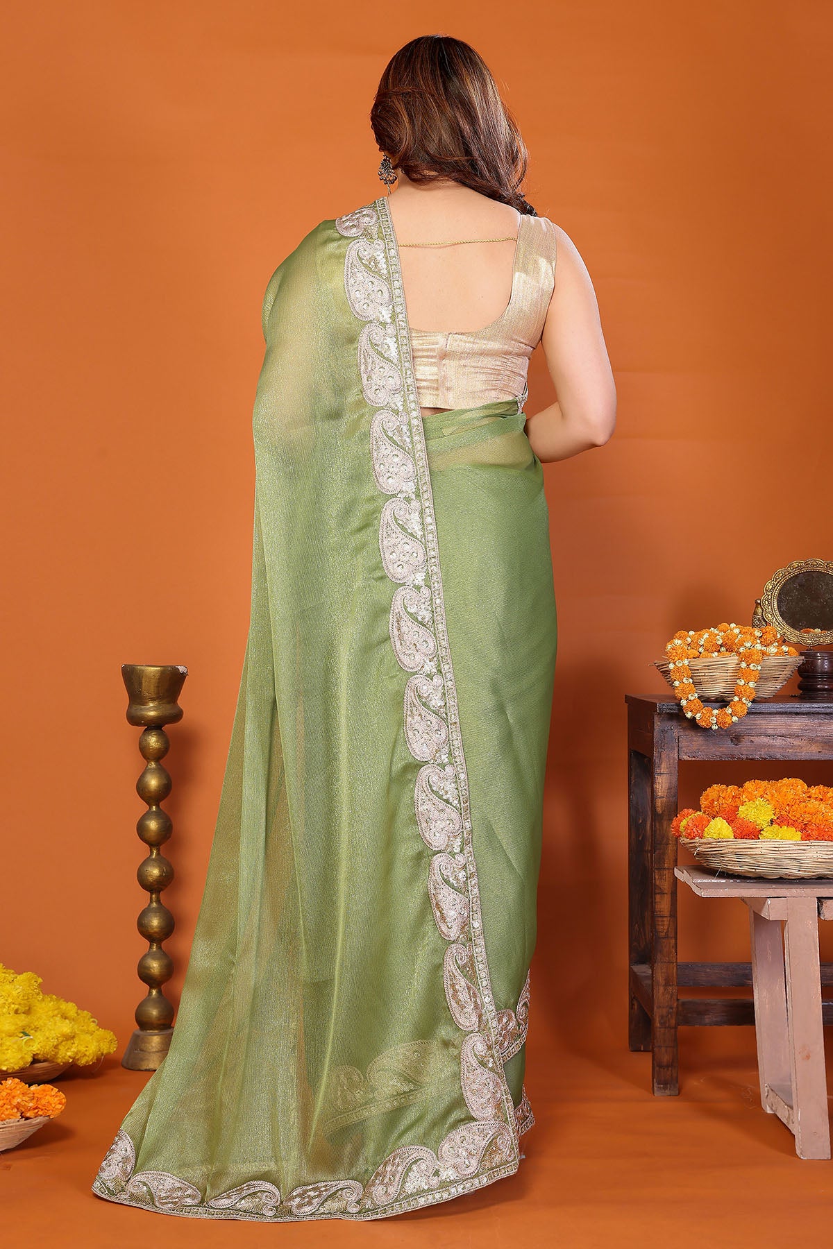 Pista Chiffon Sitara Gota Saree
