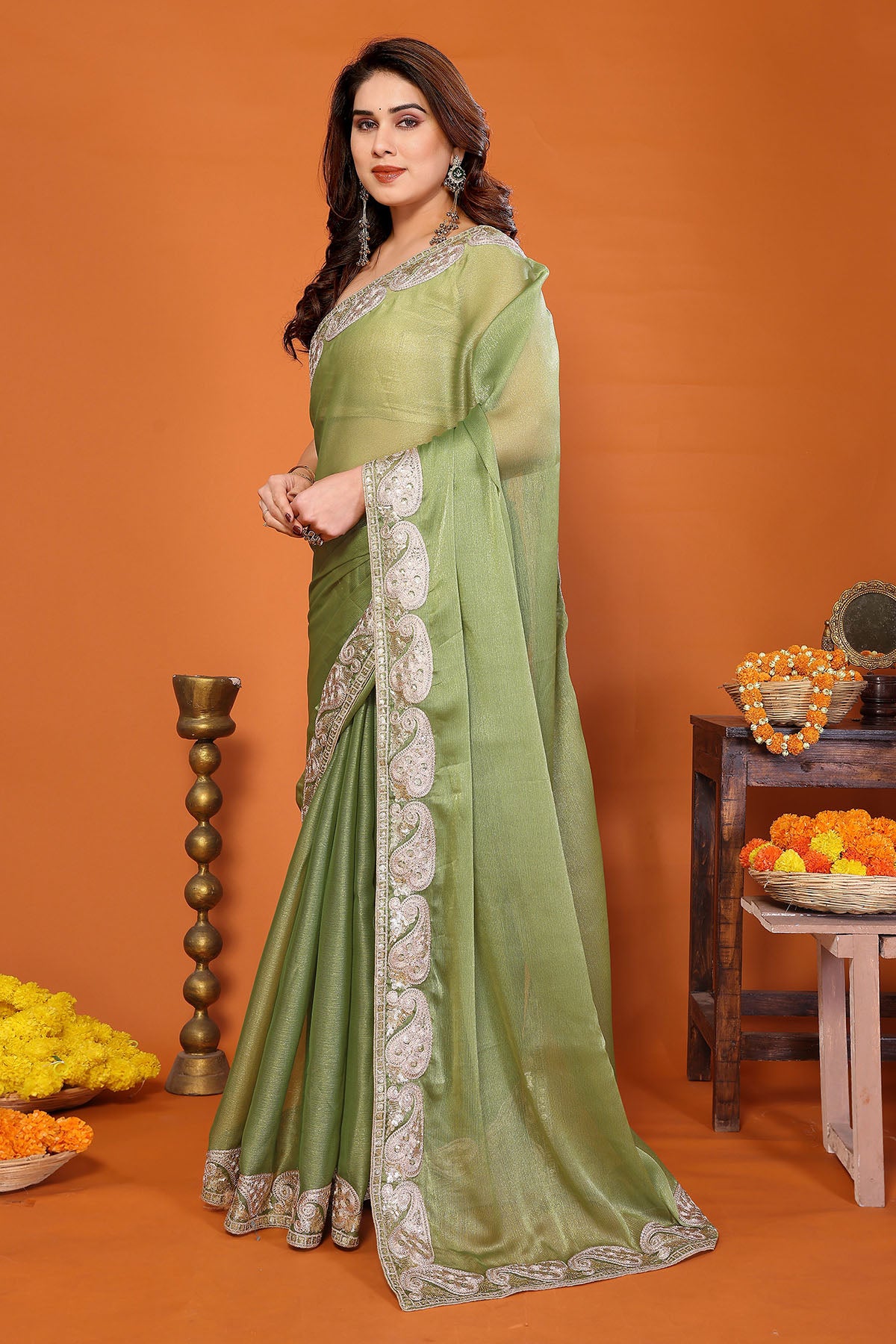 Pista Chiffon Sitara Gota Saree