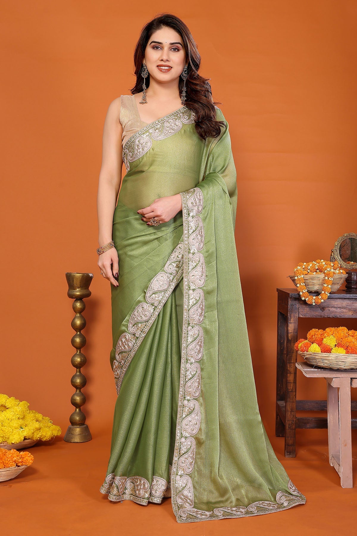 Buy Pista Chiffon Sitara Gota Saree for women by Aastha Fashion online available at scrollnshops