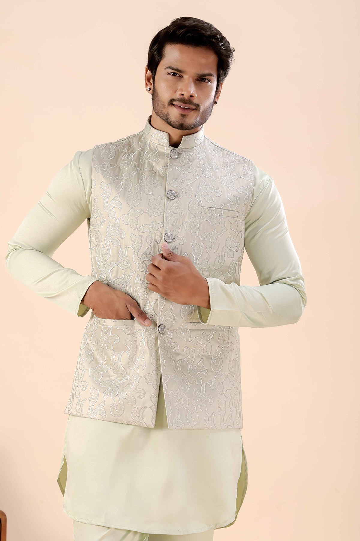 Buy Pista Cotton Embroidered Bundi for women by Priyanka Jain online available at scrollnshops