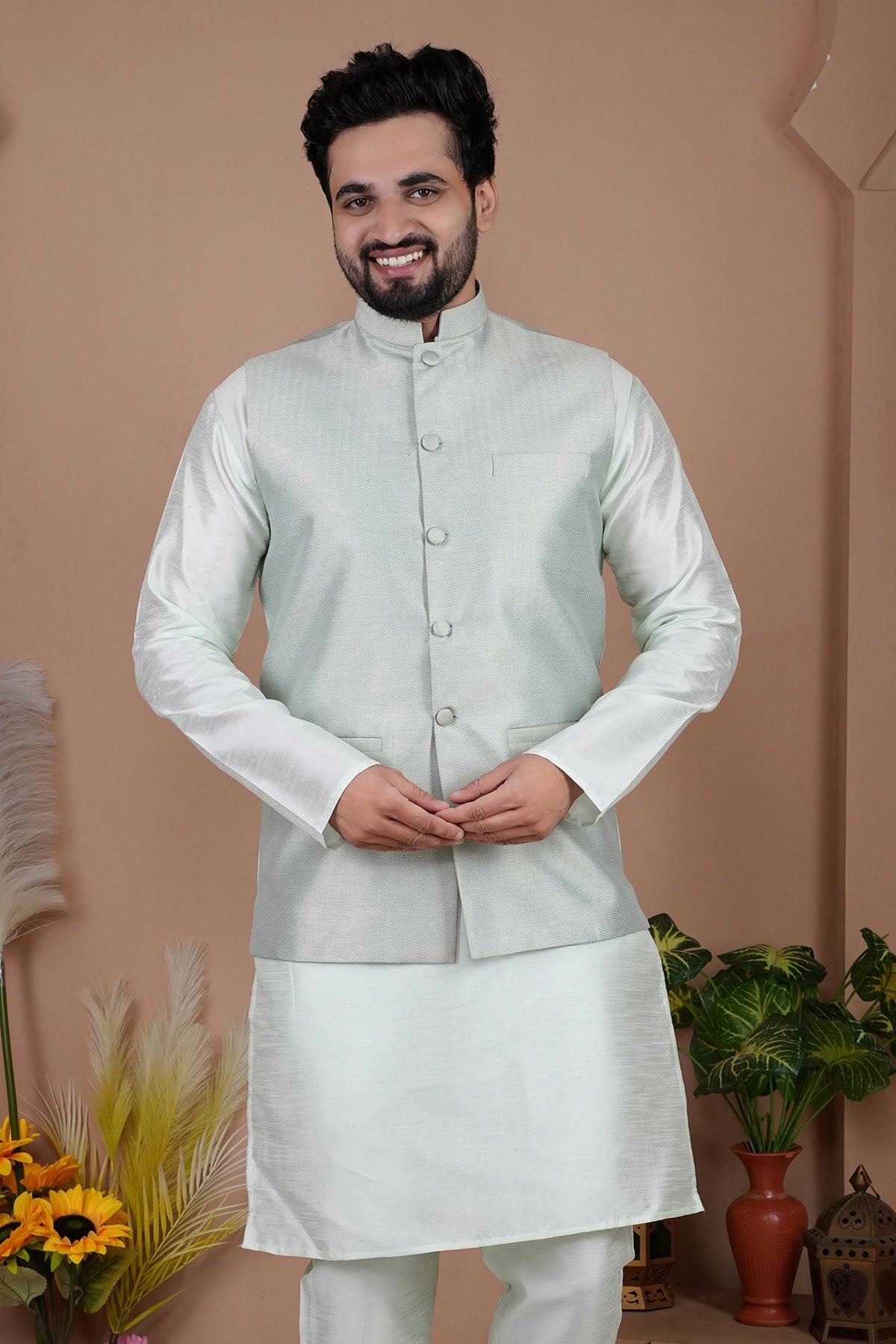 Buy Pista Cotton Silk Bundi Jacket for men by Aastha Fashion online available at scrollnshops