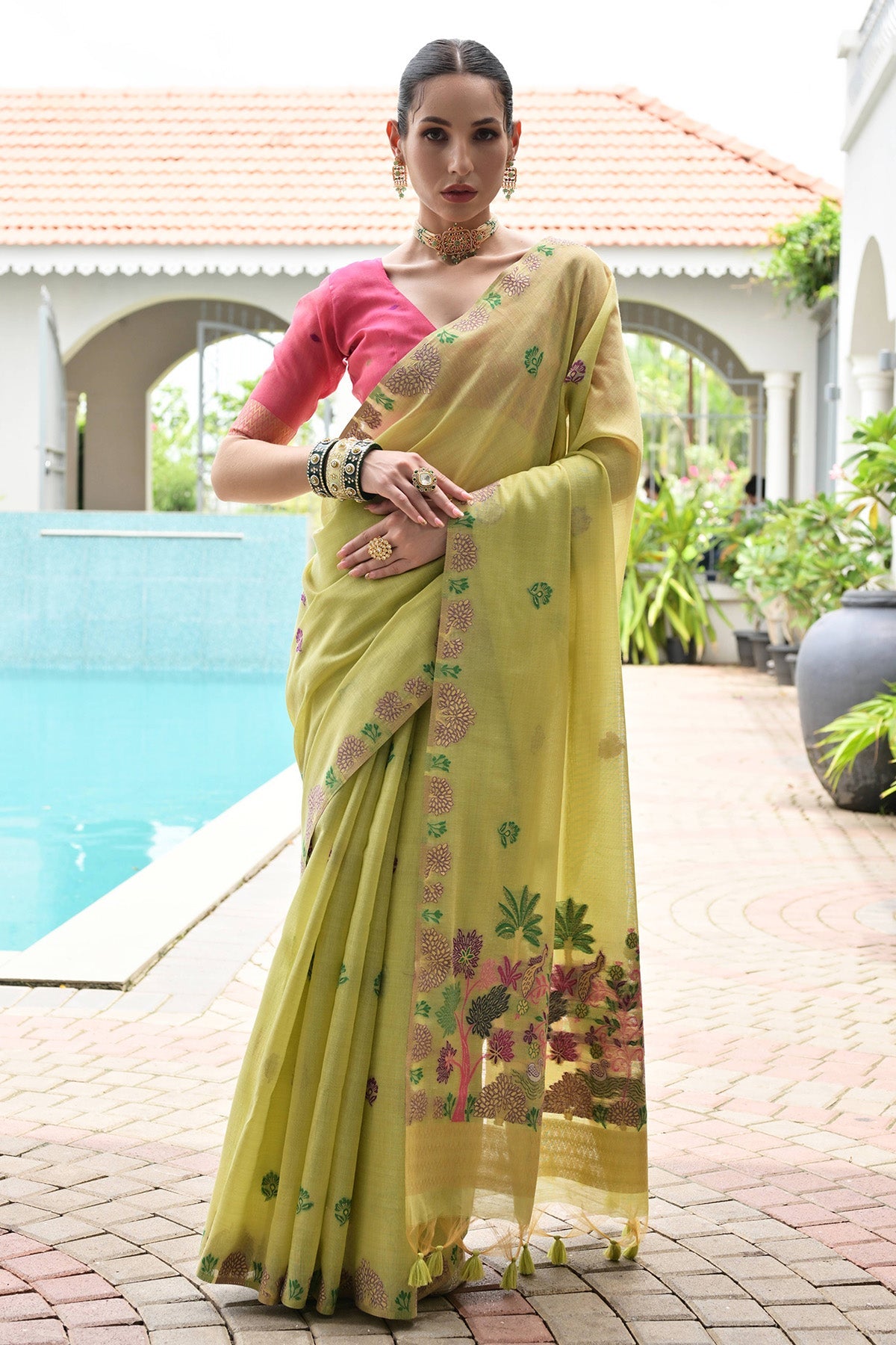 Buy Pista Cotton Thread Woven Saree for women by Lili Lala Designer online available at scrollnshops