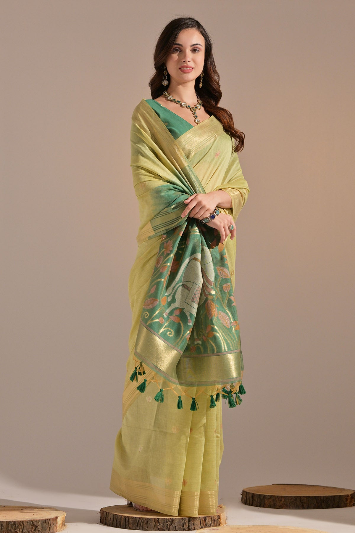Pista Cow Thread Work Saree