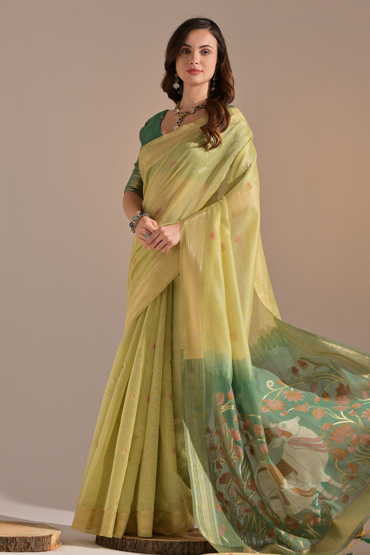 Pista Cow Thread Work Saree